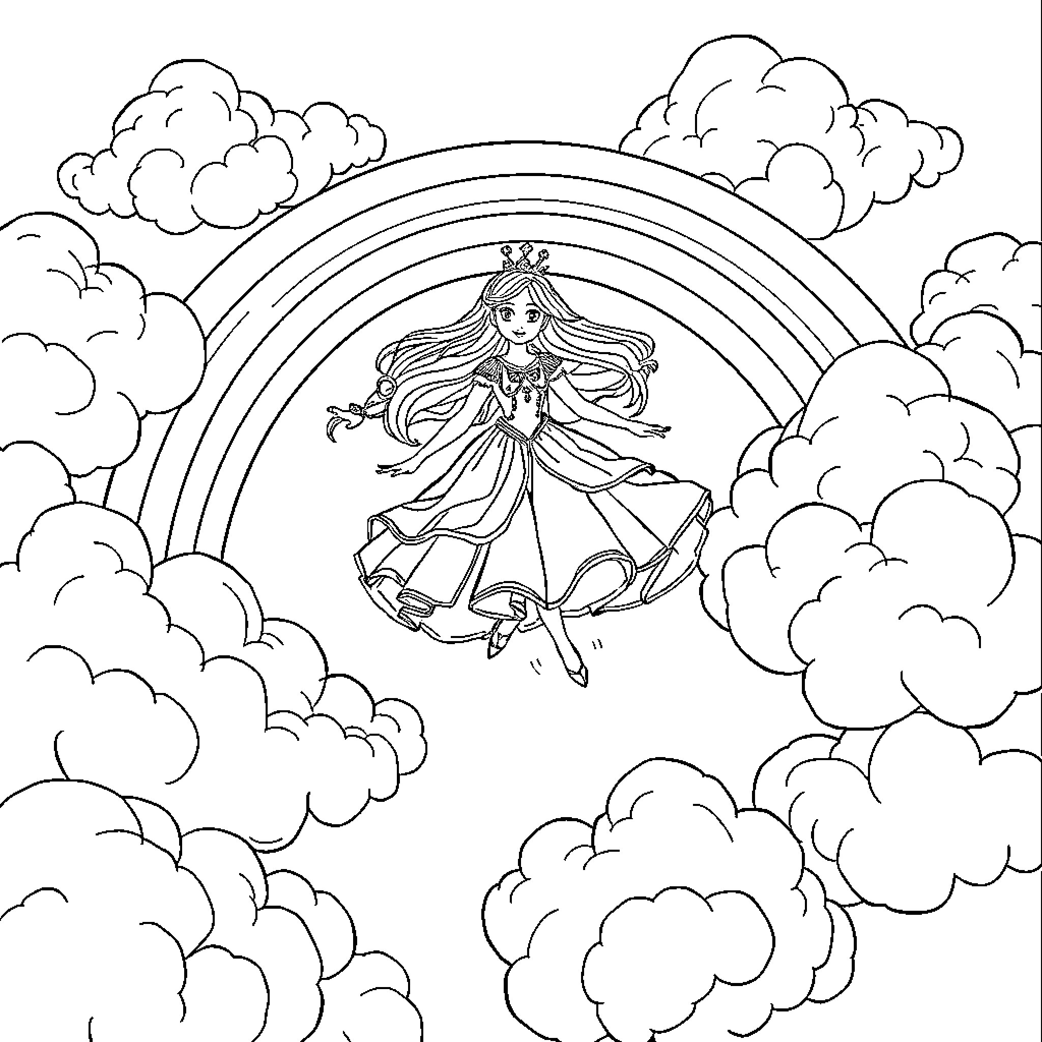 Princess dancing gracefully amidst the clouds and rainbow Coloring Page (free black-and-white line drawing printable PDF for all, from beginners to advanced learners, including children, teens, adults, and seniors)