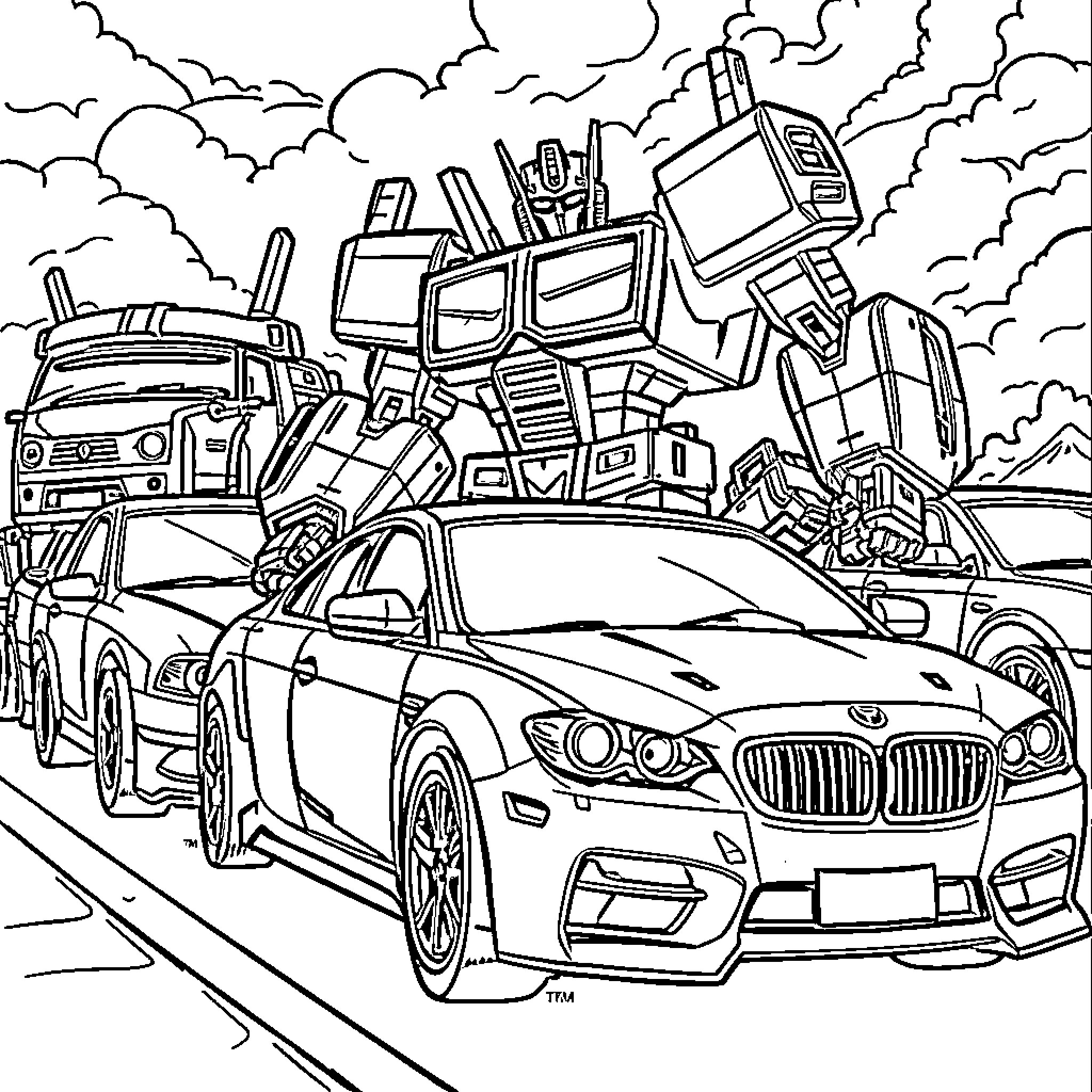 Transformer vehicles in action on the road Coloring Page (free black-and-white line drawing printable PDF for all, from beginners to advanced learners, including children, teens, adults, and seniors)