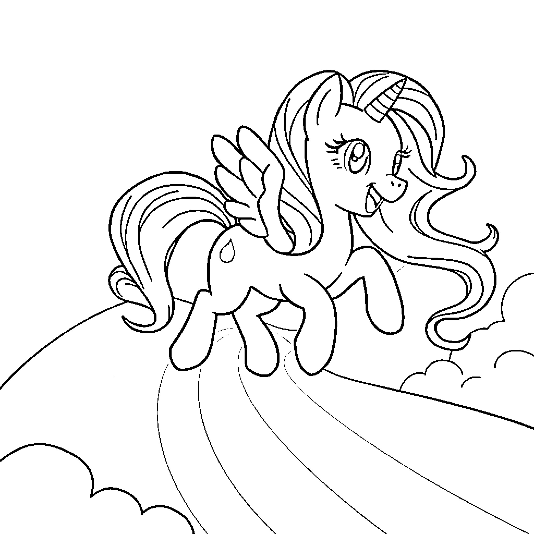 Pony soaring through the clouds with wings Coloring Page (free black-and-white line drawing printable PDF for all, from beginners to advanced learners, including children, teens, adults, and seniors)