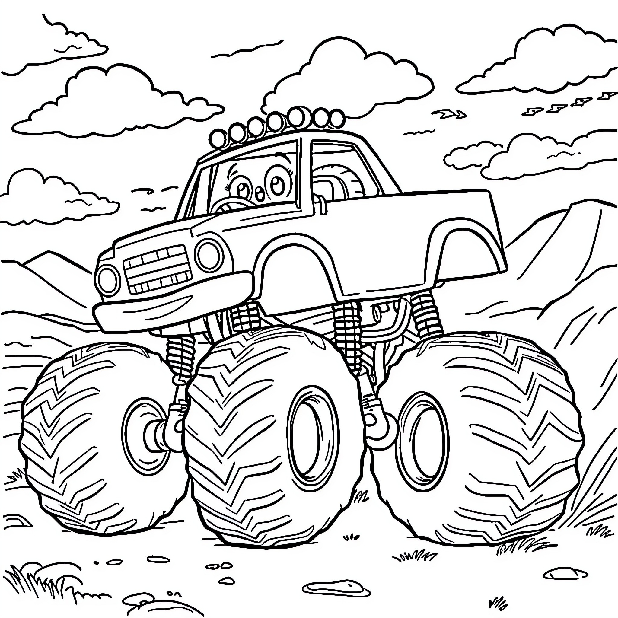Monster Truck Traversing Rugged Terrain Coloring Page (free black-and-white line drawing printable PDF for all, from beginners to advanced learners, including children, teens, adults, and seniors)