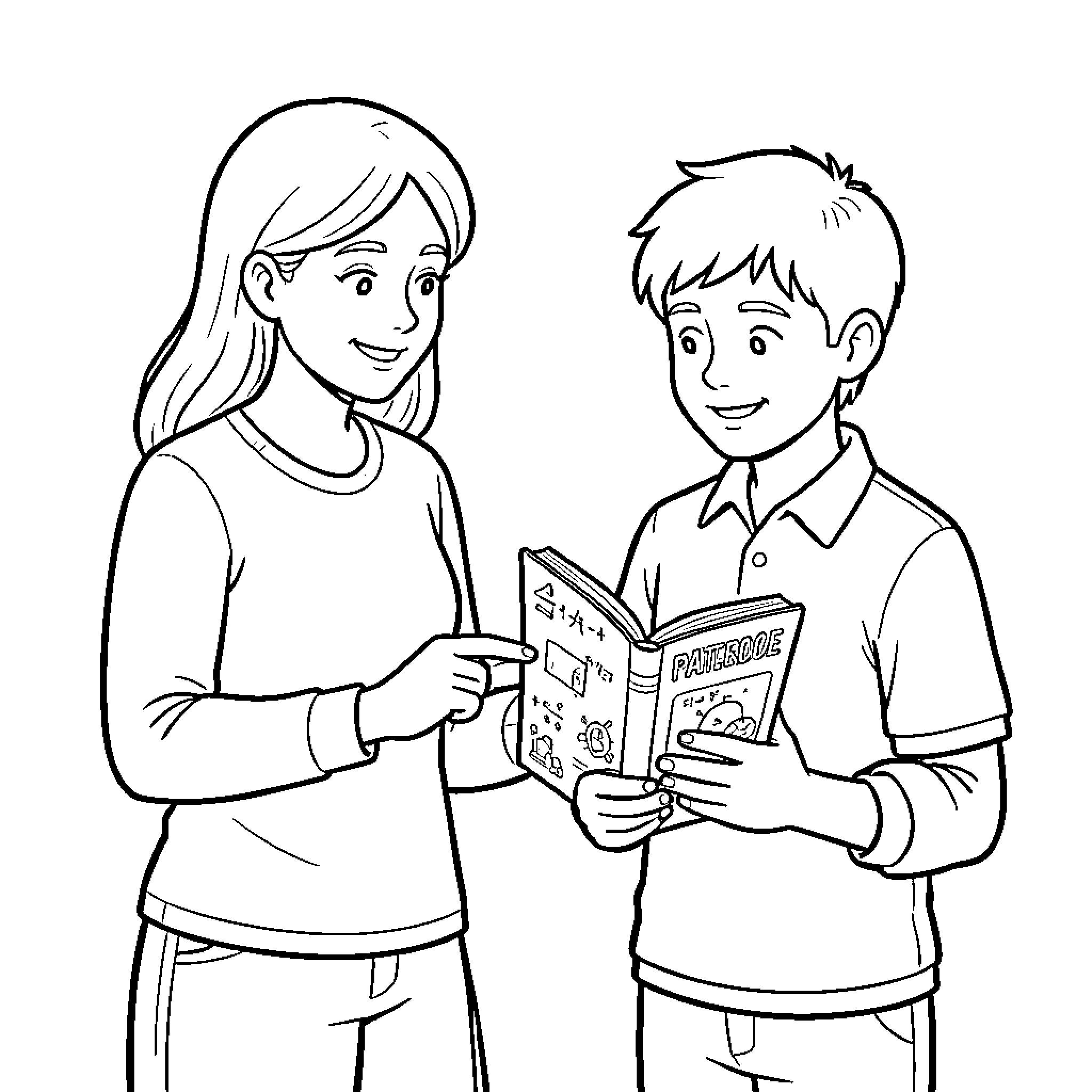 Profesora showing a book to a young student Coloring Page (free black-and-white line drawing printable PDF for all, from beginners to advanced learners, including children, teens, adults, and seniors)