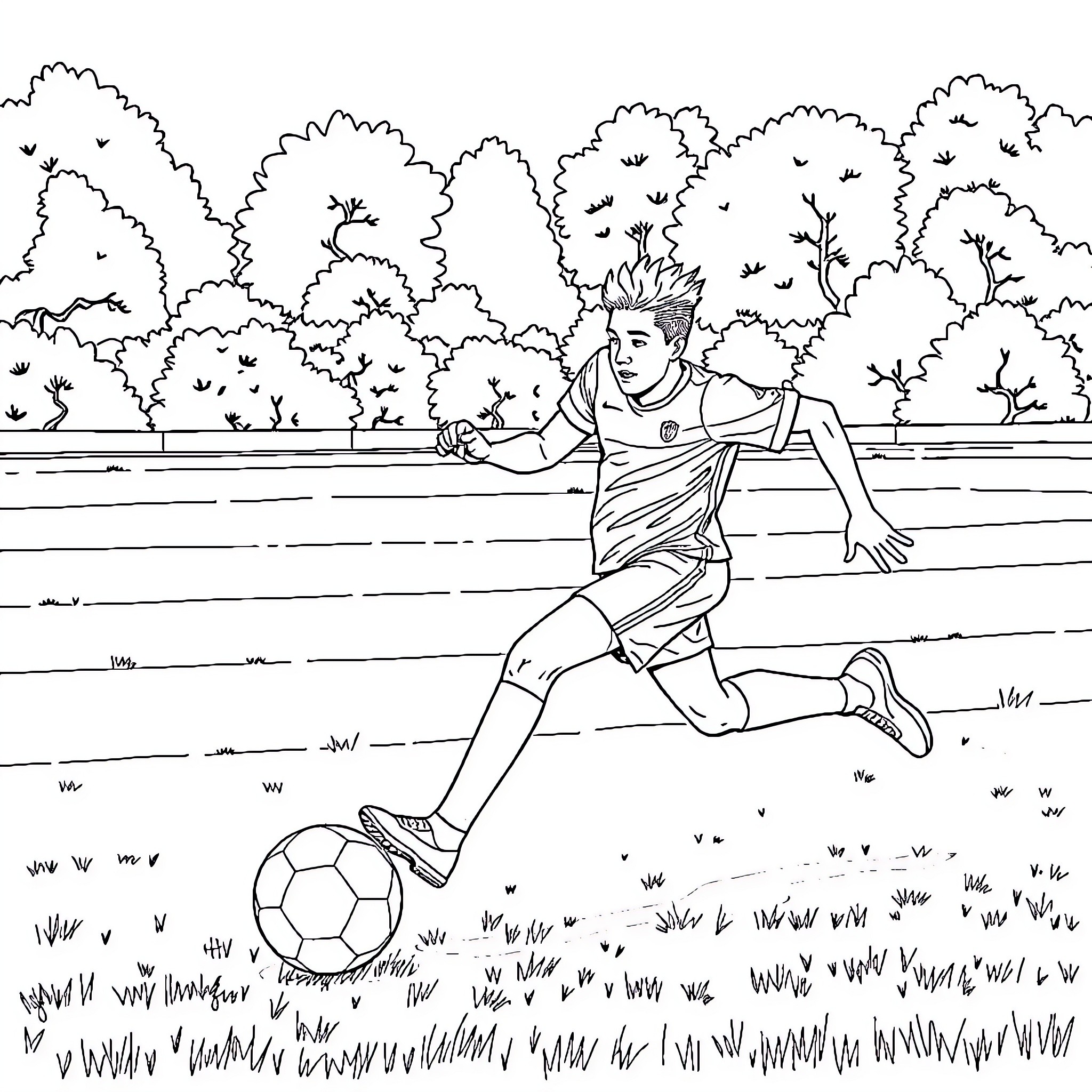 Lamin Yamal kicking a soccer ball in the park Coloring Page (free black-and-white line drawing printable PDF for all, from beginners to advanced learners, including children, teens, adults, and seniors)
