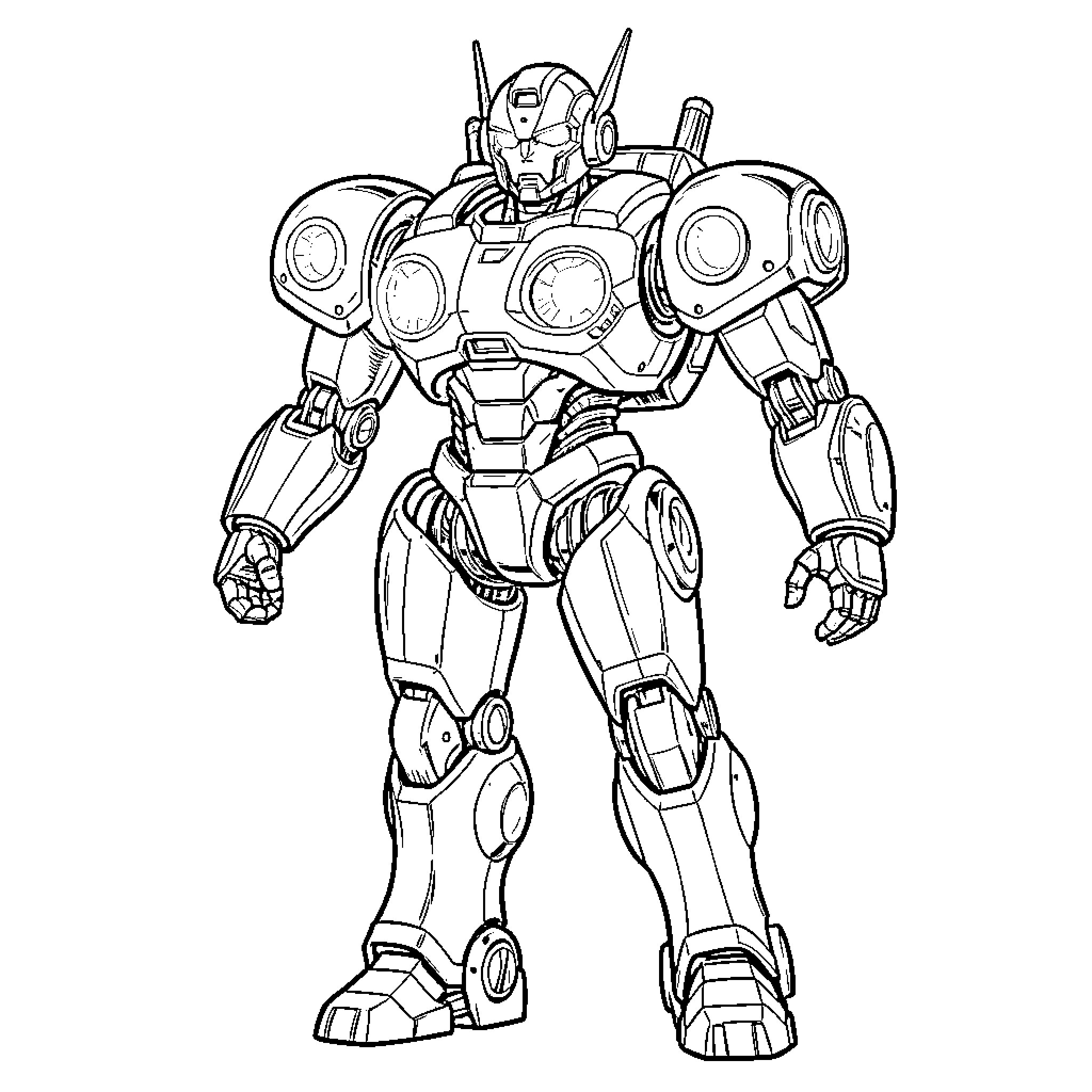 RBT Futuristic Warrior Robot Standing Tall Coloring Page (free black-and-white line drawing printable PDF for all, from beginners to advanced learners, including children, teens, adults, and seniors)