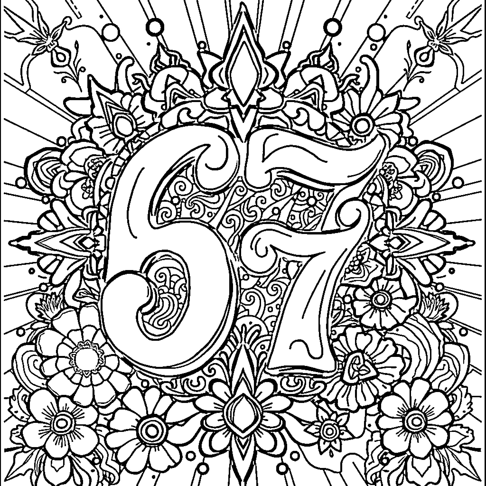Number 67: Intricate Floral Mandala Design Coloring Page (free black-and-white line drawing printable PDF for all, from beginners to advanced learners, including children, teens, adults, and seniors)
