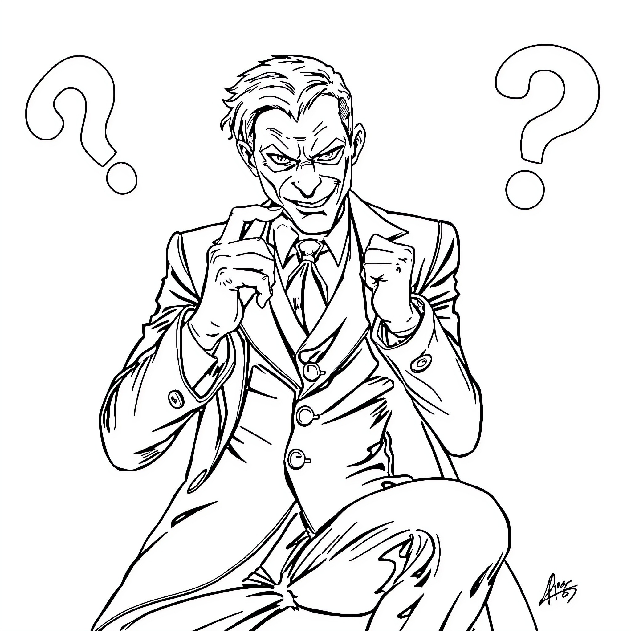 Riddler posing mysteriously with question marks Coloring Page (free black-and-white line drawing printable PDF for all, from beginners to advanced learners, including children, teens, adults, and seniors)