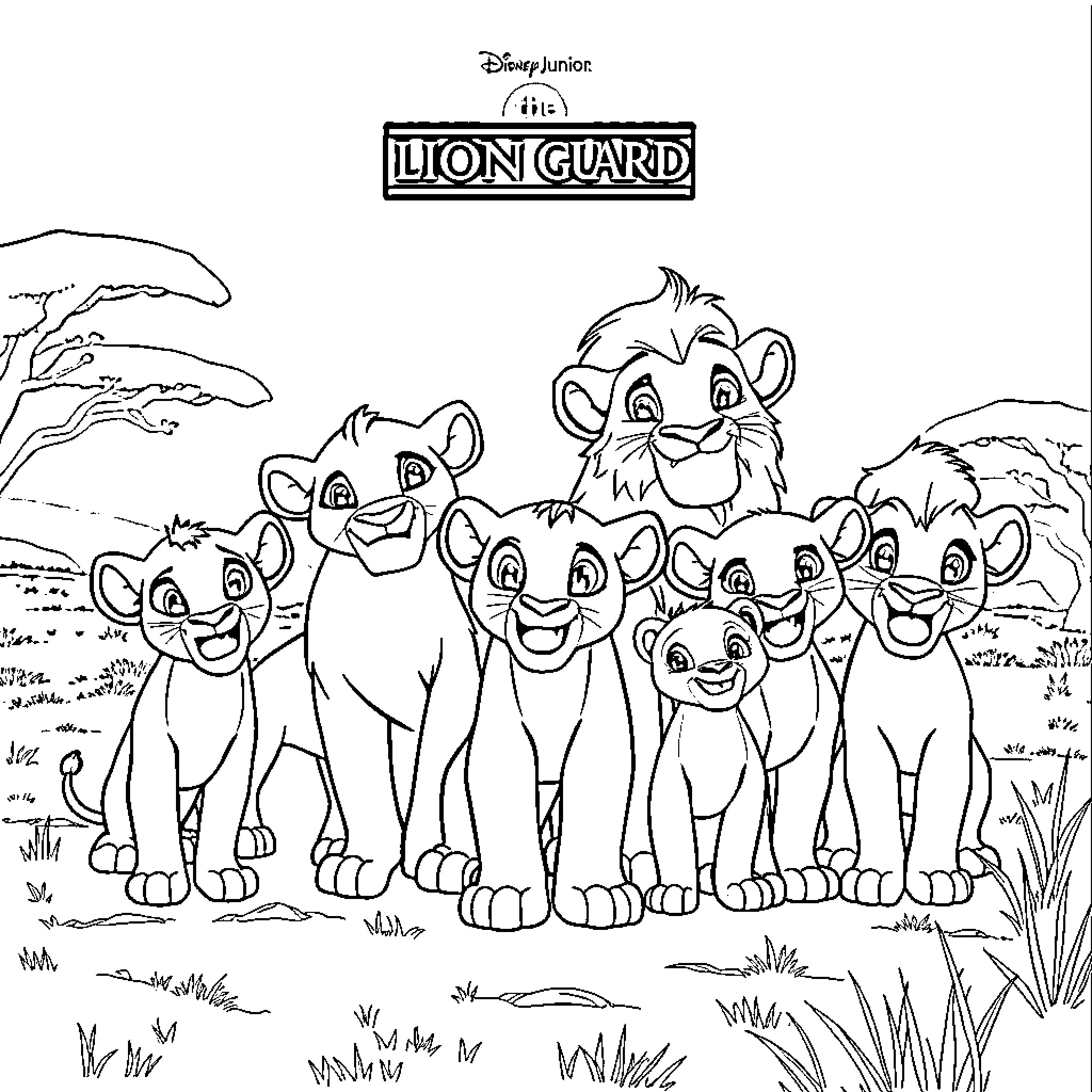 Lion Guard: Pride of young lions in the savanna Coloring Page (free black-and-white line drawing printable PDF for all, from beginners to advanced learners, including children, teens, adults, and seniors)