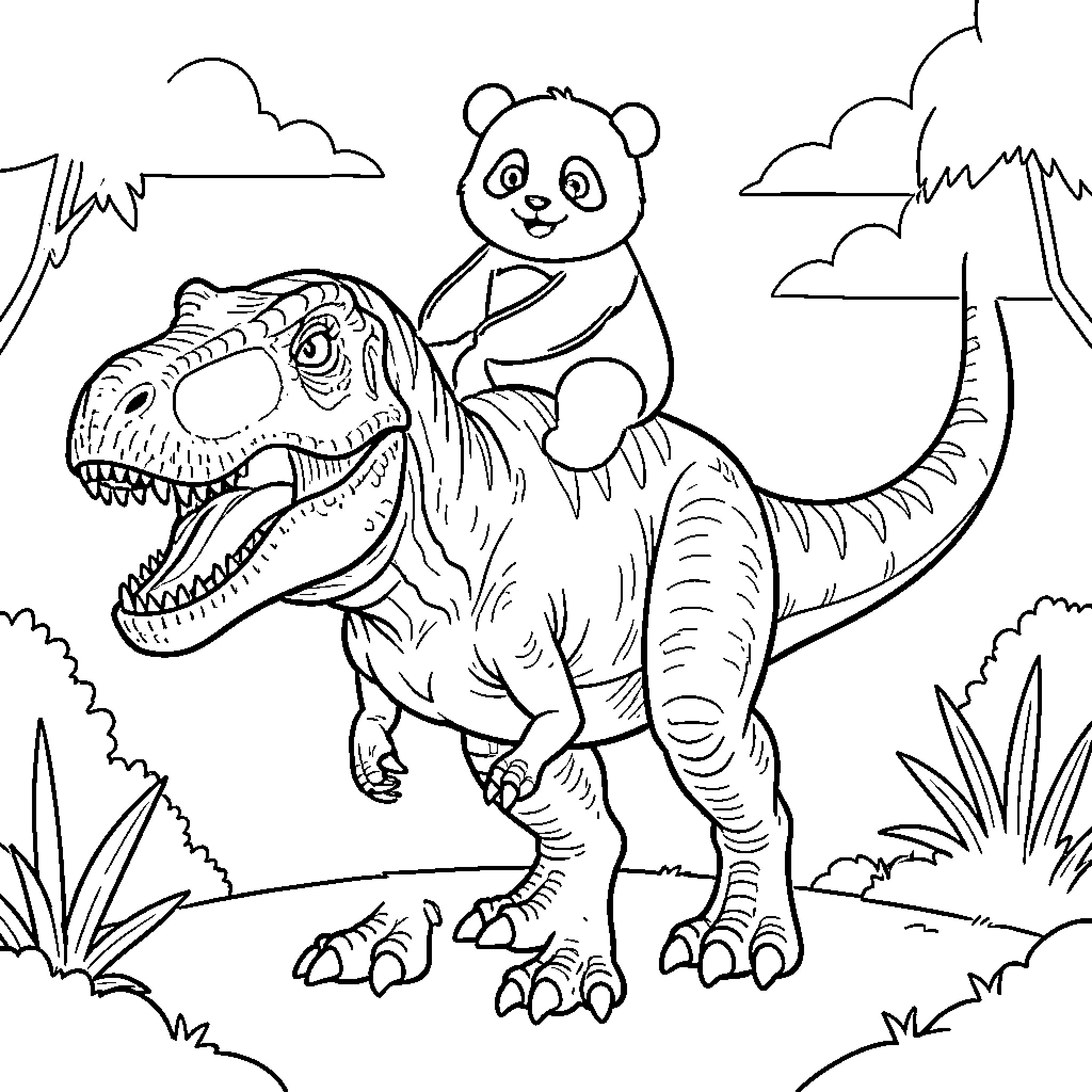Panda riding a dinosaur in the wilderness Coloring Page (free black-and-white line drawing printable PDF for all, from beginners to advanced learners, including children, teens, adults, and seniors)