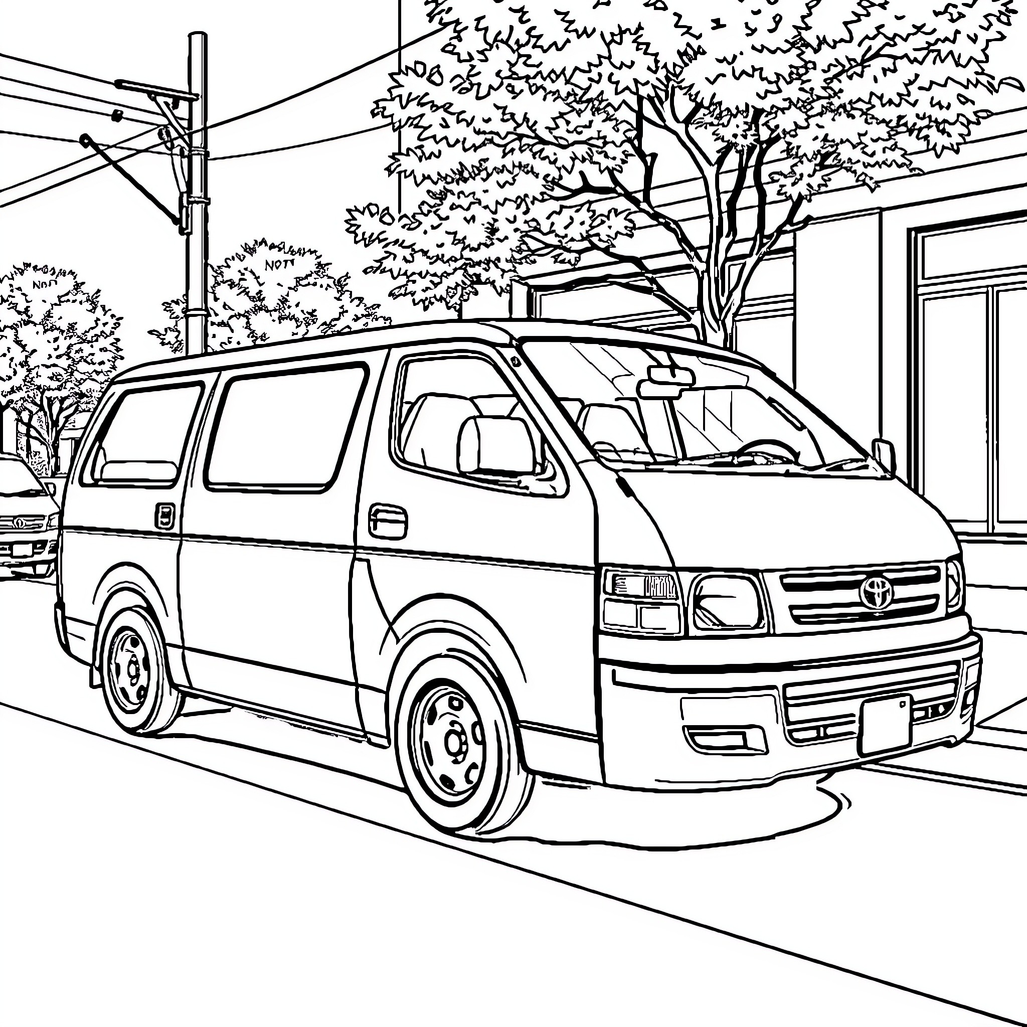 Toyota Highace parked on a city street Coloring Page (free black-and-white line drawing printable PDF for all, from beginners to advanced learners, including children, teens, adults, and seniors)