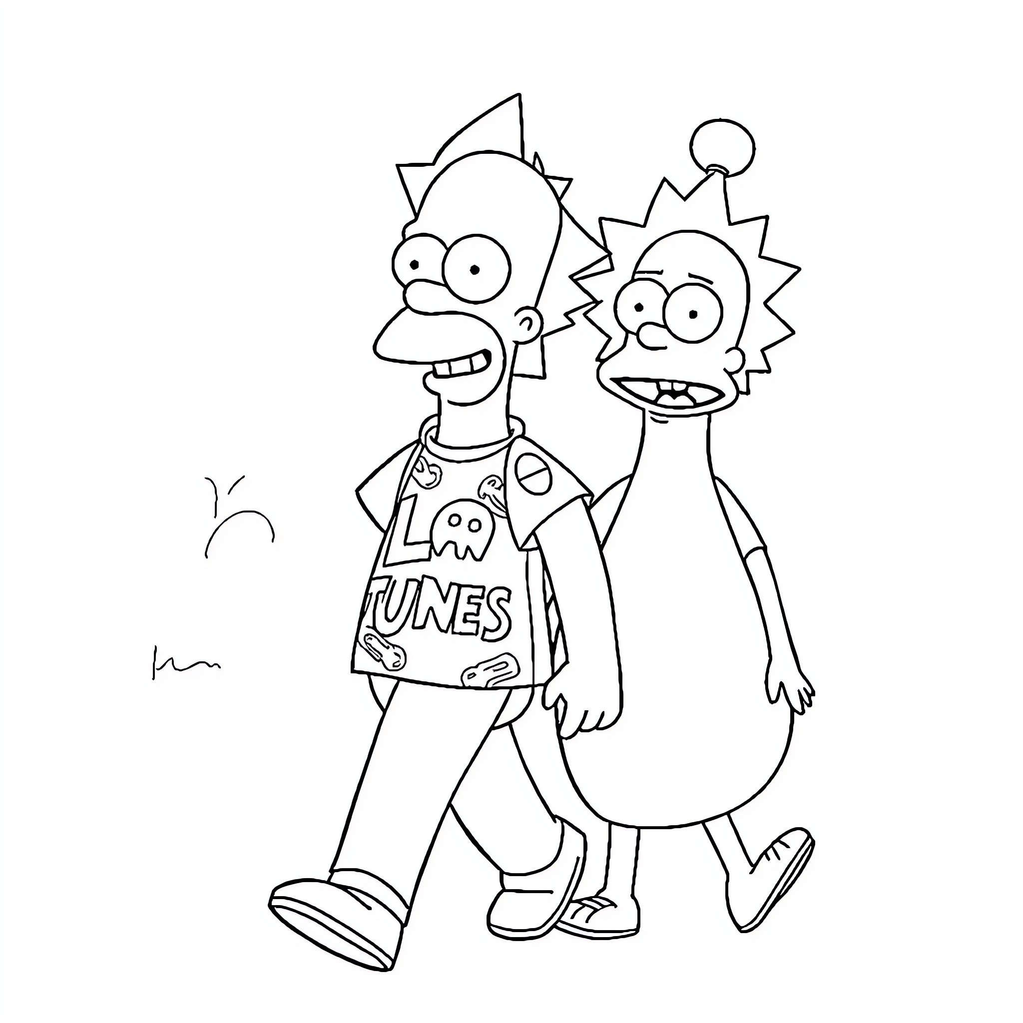 Homero Simpson and Bart Simpson in Cartoonish Outfits Coloring Page (free black-and-white line drawing printable PDF for all, from beginners to advanced learners, including children, teens, adults, and seniors)