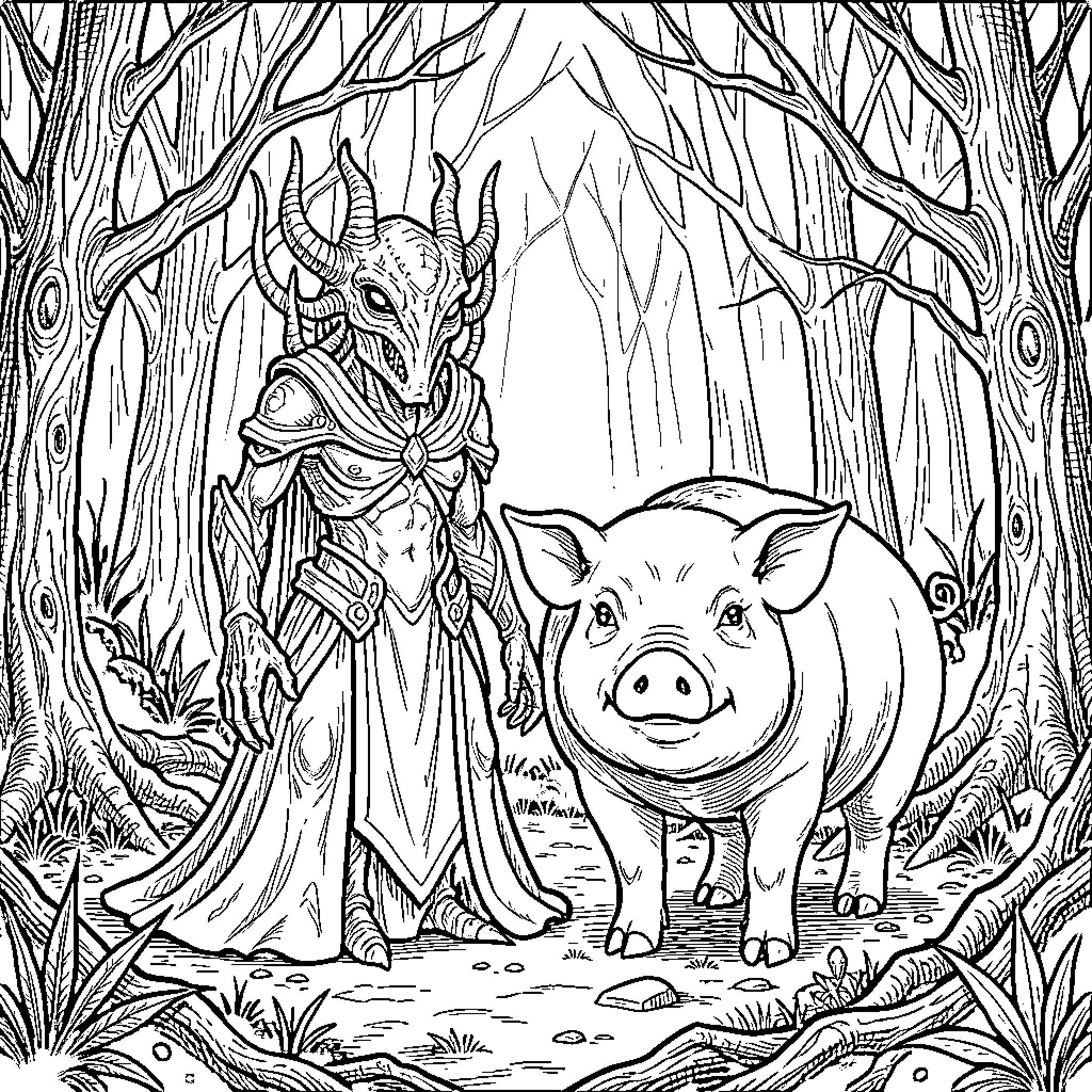 Mind Flayer and Pig in Enchanted Forest Coloring Page (free black-and-white line drawing printable PDF for all, from beginners to advanced learners, including children, teens, adults, and seniors)