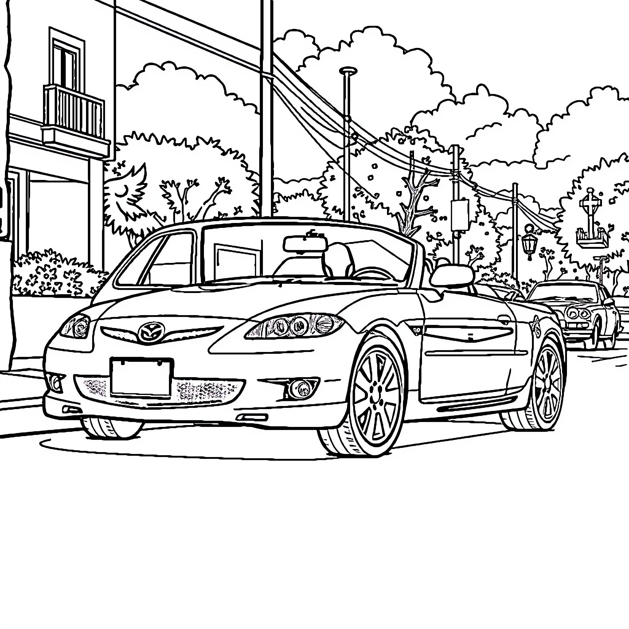 Mazda sports car on city street Coloring Page (free black-and-white line drawing printable PDF for all, from beginners to advanced learners, including children, teens, adults, and seniors)