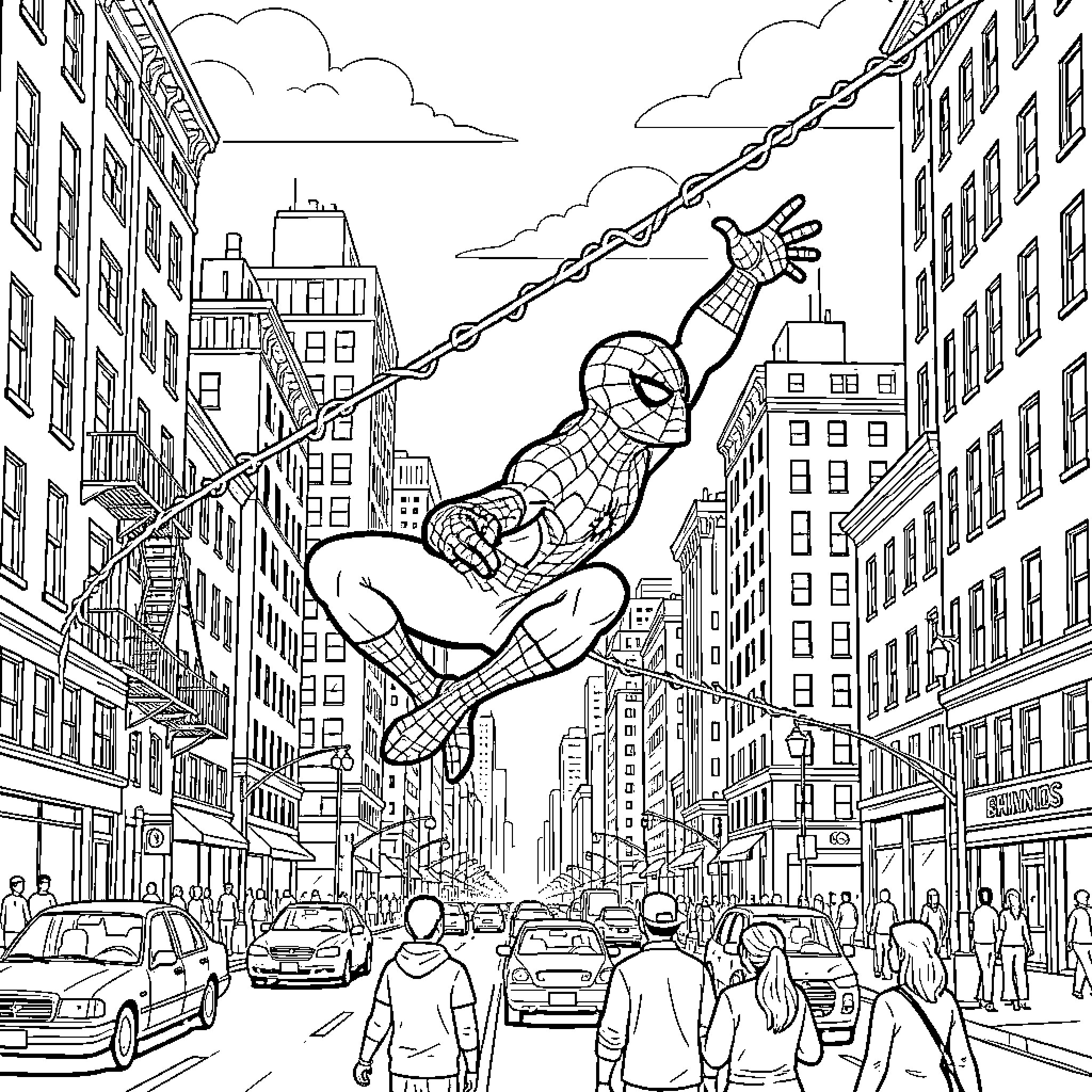 Spiderman swinging through a bustling city Coloring Page (free black-and-white line drawing printable PDF for all, from beginners to advanced learners, including children, teens, adults, and seniors)