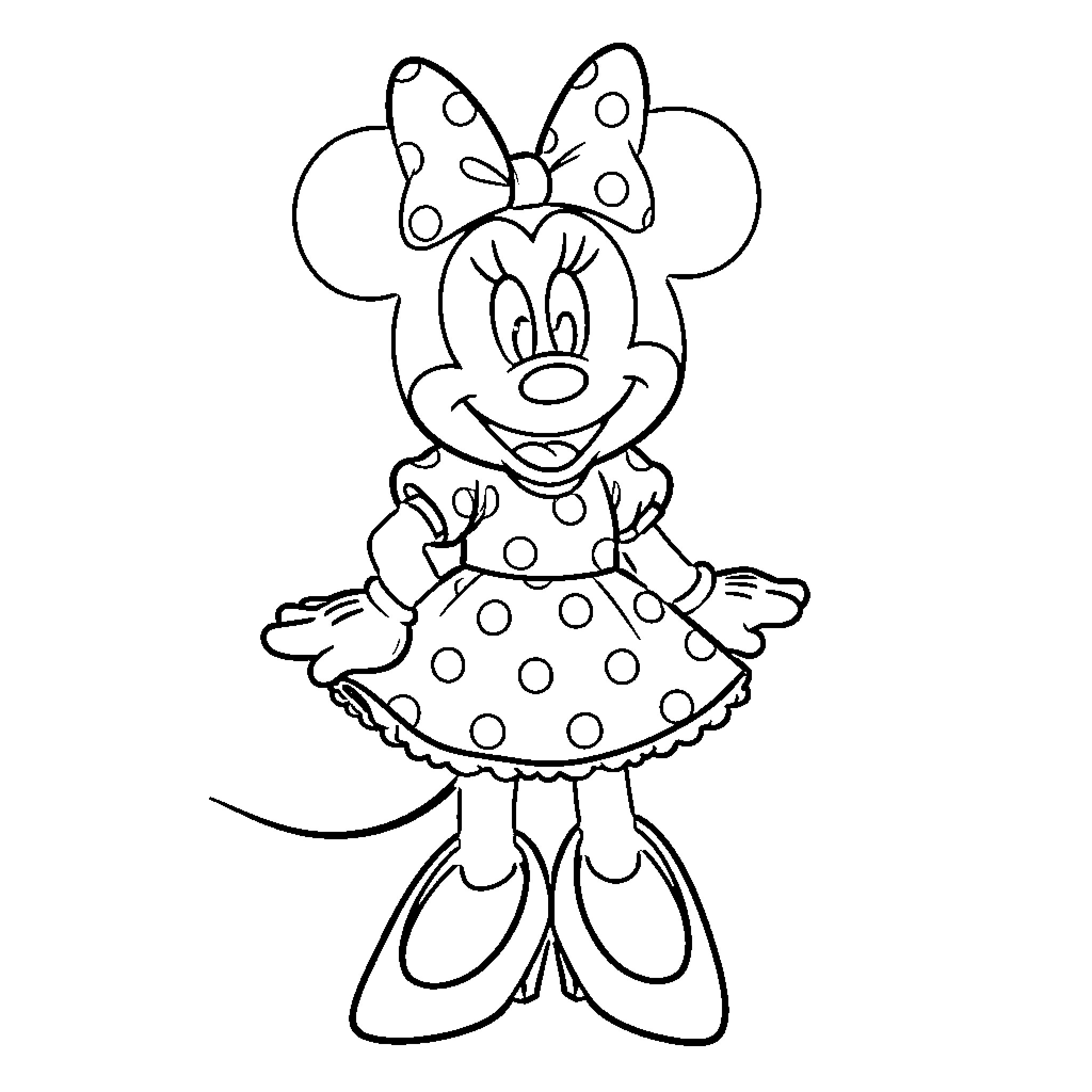 Minnie Mouse in polka dot dress posing happily Coloring Page (free black-and-white line drawing printable PDF for all, from beginners to advanced learners, including children, teens, adults, and seniors)