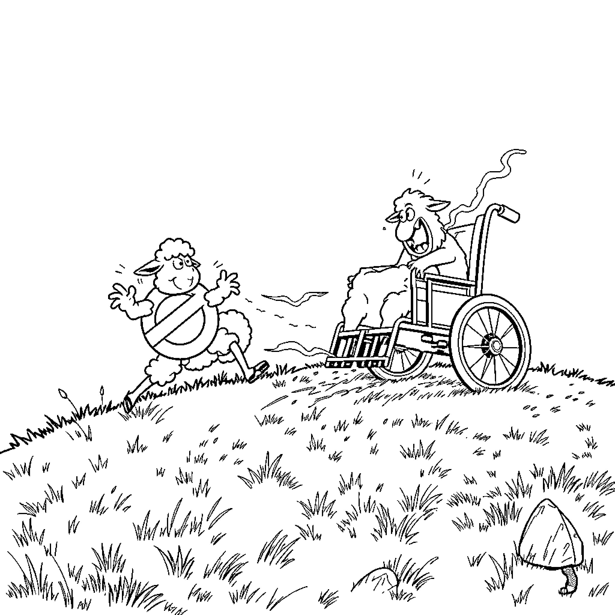 Sheep enjoying the outdoors in a wheelchair Coloring Page (free black-and-white line drawing printable PDF for all, from beginners to advanced learners, including children, teens, adults, and seniors)