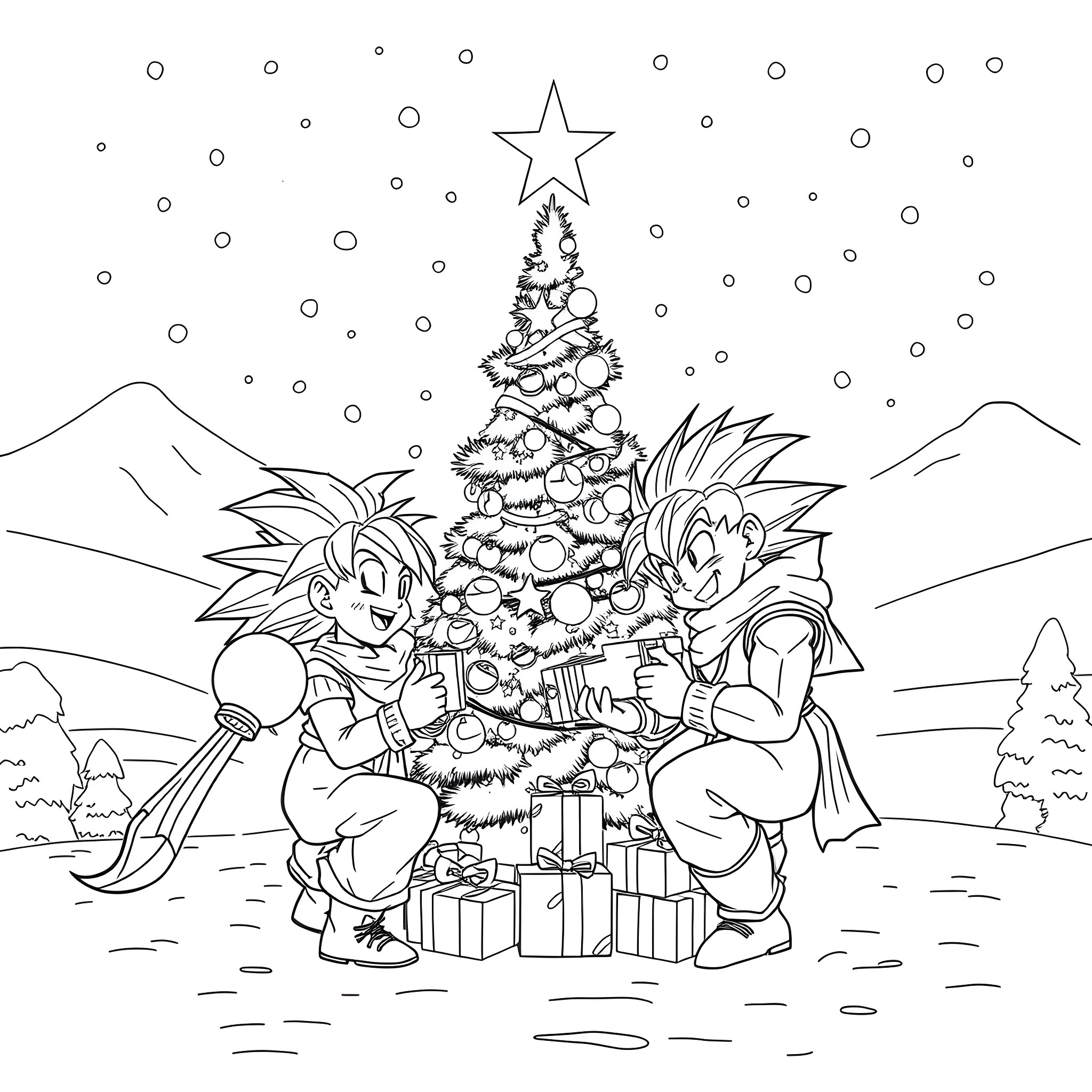 Dragonball characters celebrating Christmas together Coloring Page (free black-and-white line drawing printable PDF for all, from beginners to advanced learners, including children, teens, adults, and seniors)