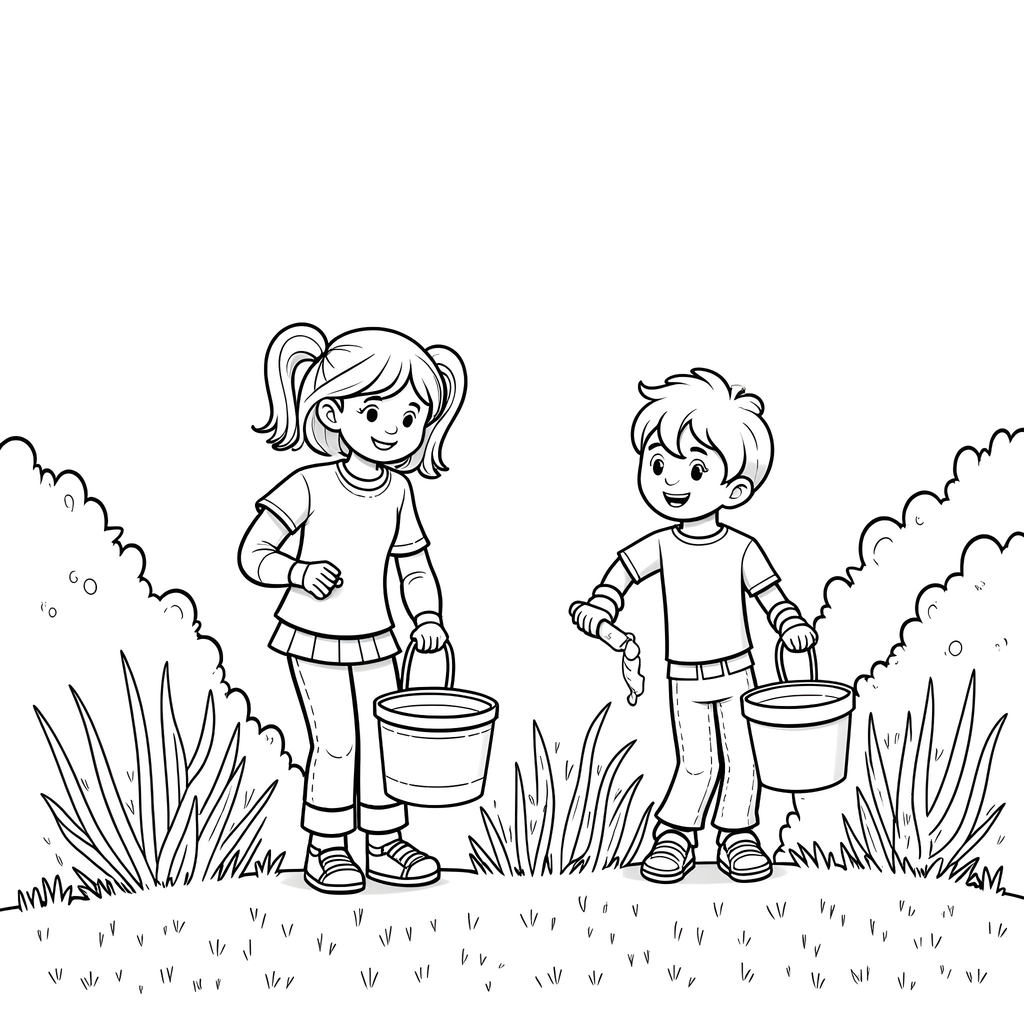 Family enjoying gardening activities in the park Coloring Page (free black-and-white line drawing printable PDF for all, from beginners to advanced learners, including children, teens, adults, and seniors)