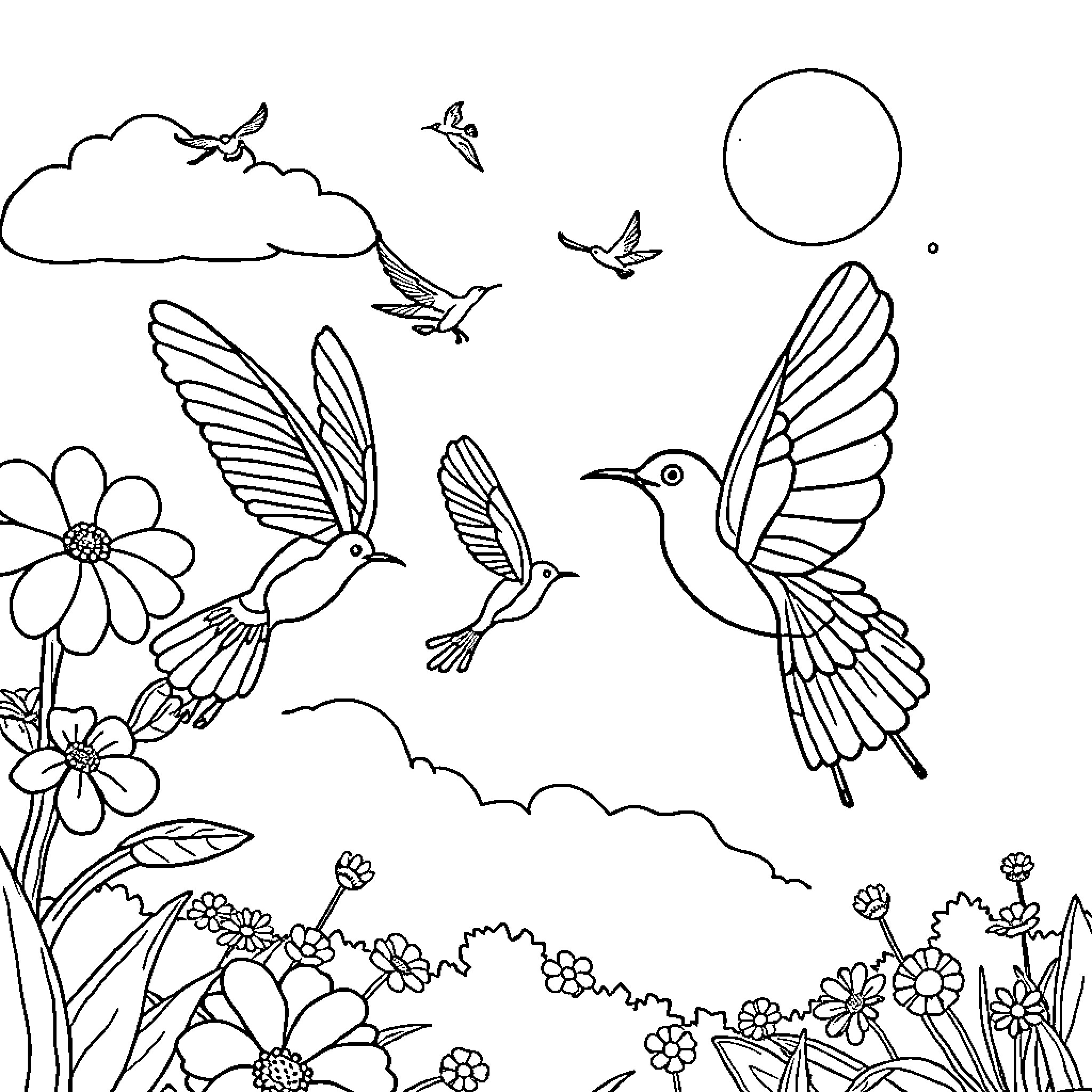 Insect hovering around flowers and clouds in the sky Coloring Page (free black-and-white line drawing printable PDF for all, from beginners to advanced learners, including children, teens, adults, and seniors)
