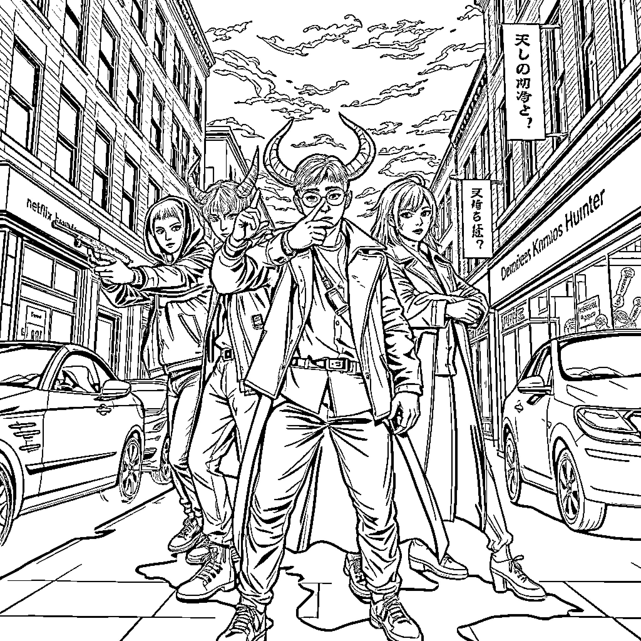 Demon Hunter Squad Battles Urban Threats Coloring Page (free black-and-white line drawing printable PDF for all, from beginners to advanced learners, including children, teens, adults, and seniors)