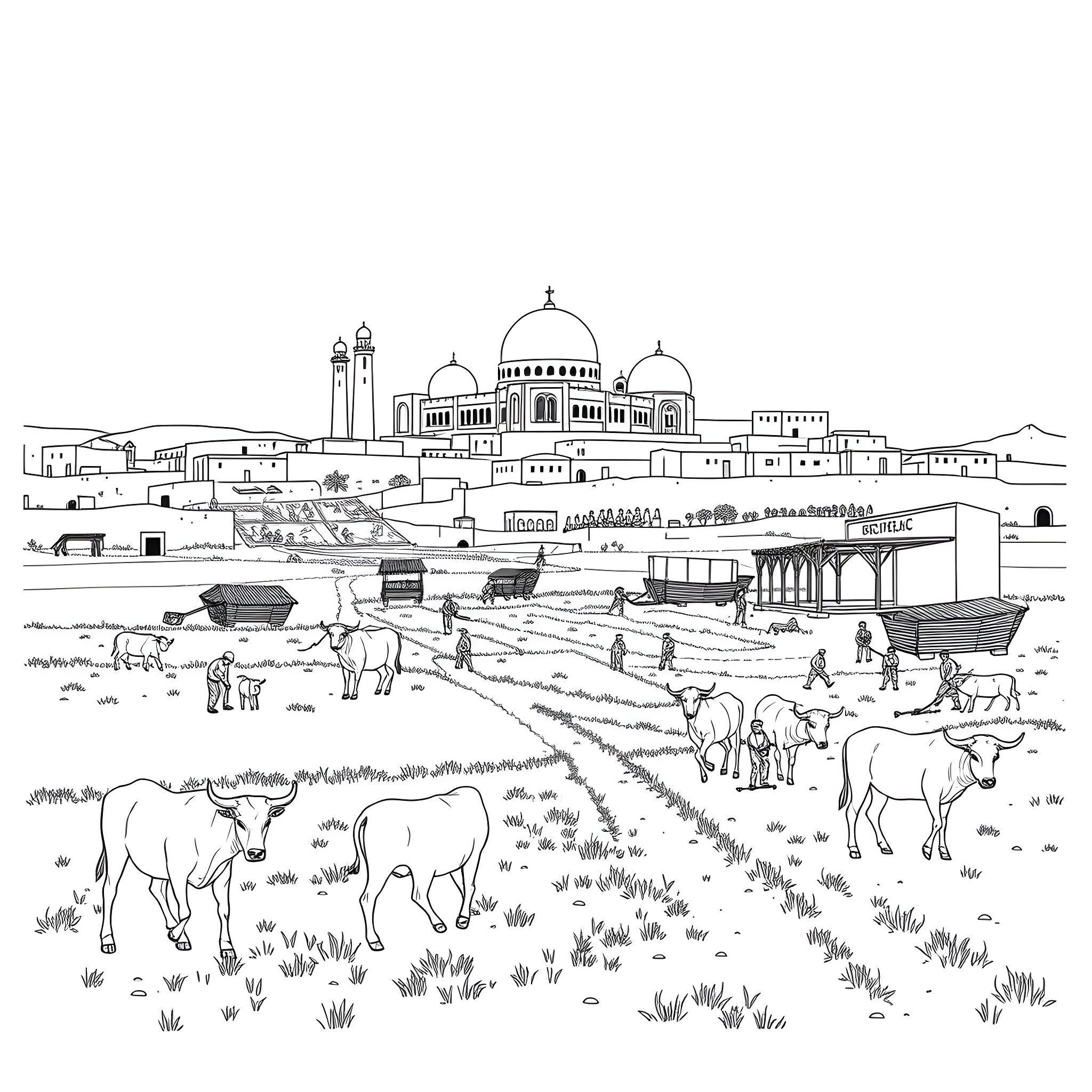 Farm scene with animals and traditional architecture Coloring Page (free black-and-white line drawing printable PDF for all, from beginners to advanced learners, including children, teens, adults, and seniors)