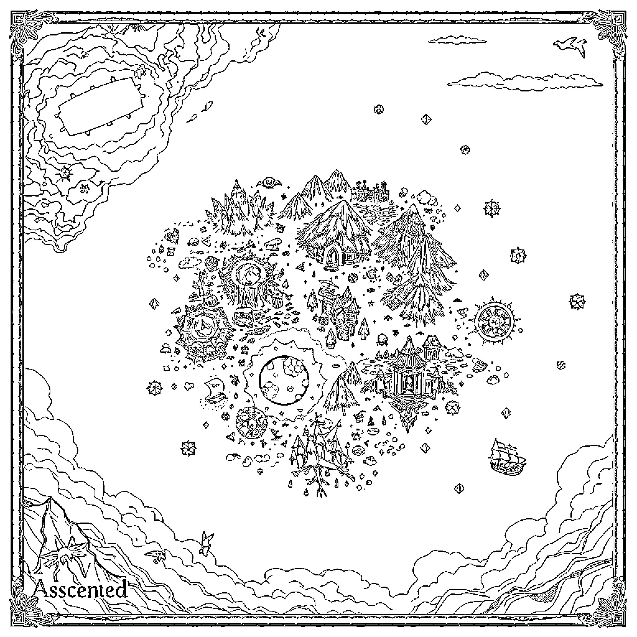 Ark of diverse fantasy landscapes and structures Coloring Page (free black-and-white line drawing printable PDF for all, from beginners to advanced learners, including children, teens, adults, and seniors)