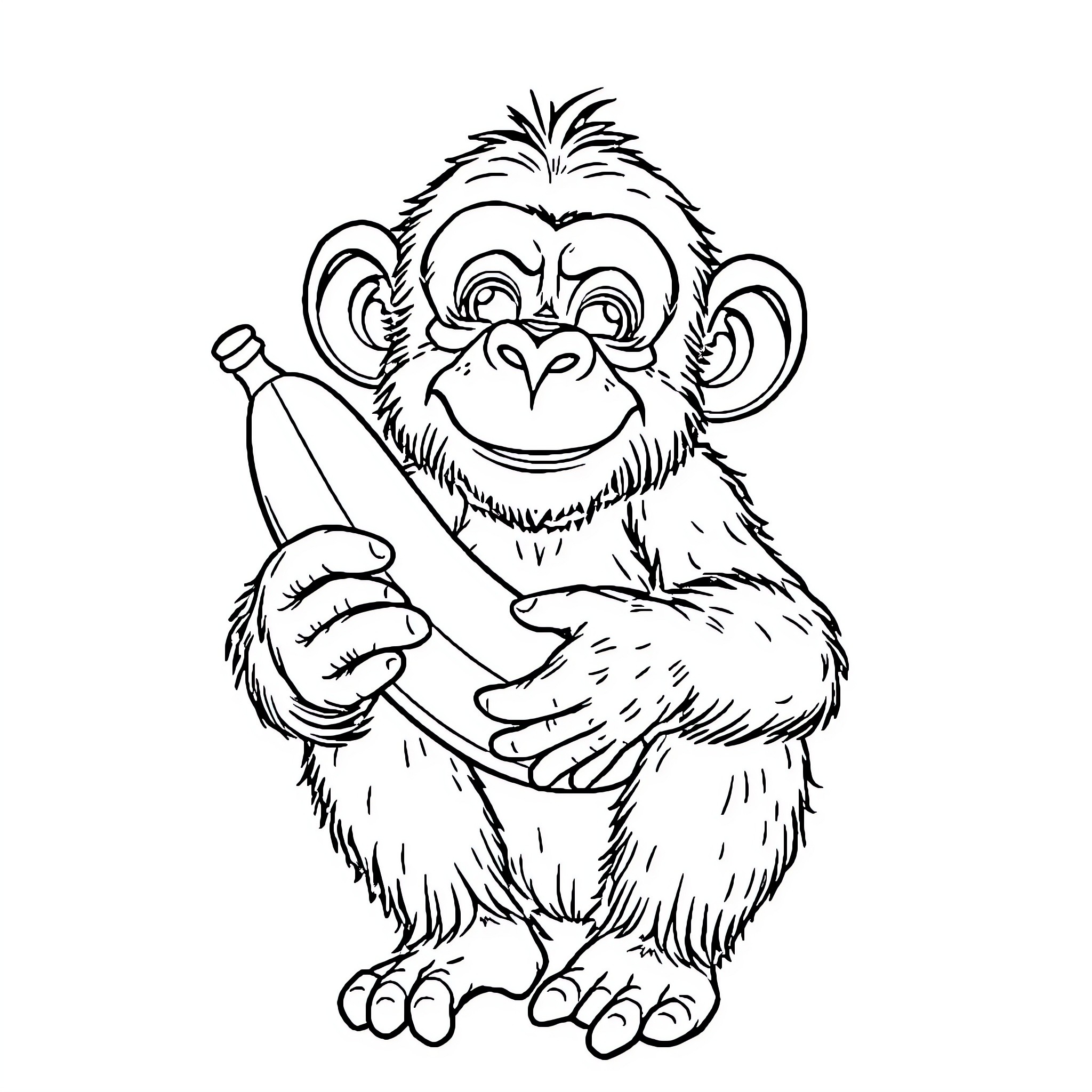 Chimpanzee holding a bottle in a playful manner Coloring Page (free black-and-white line drawing printable PDF for all, from beginners to advanced learners, including children, teens, adults, and seniors)