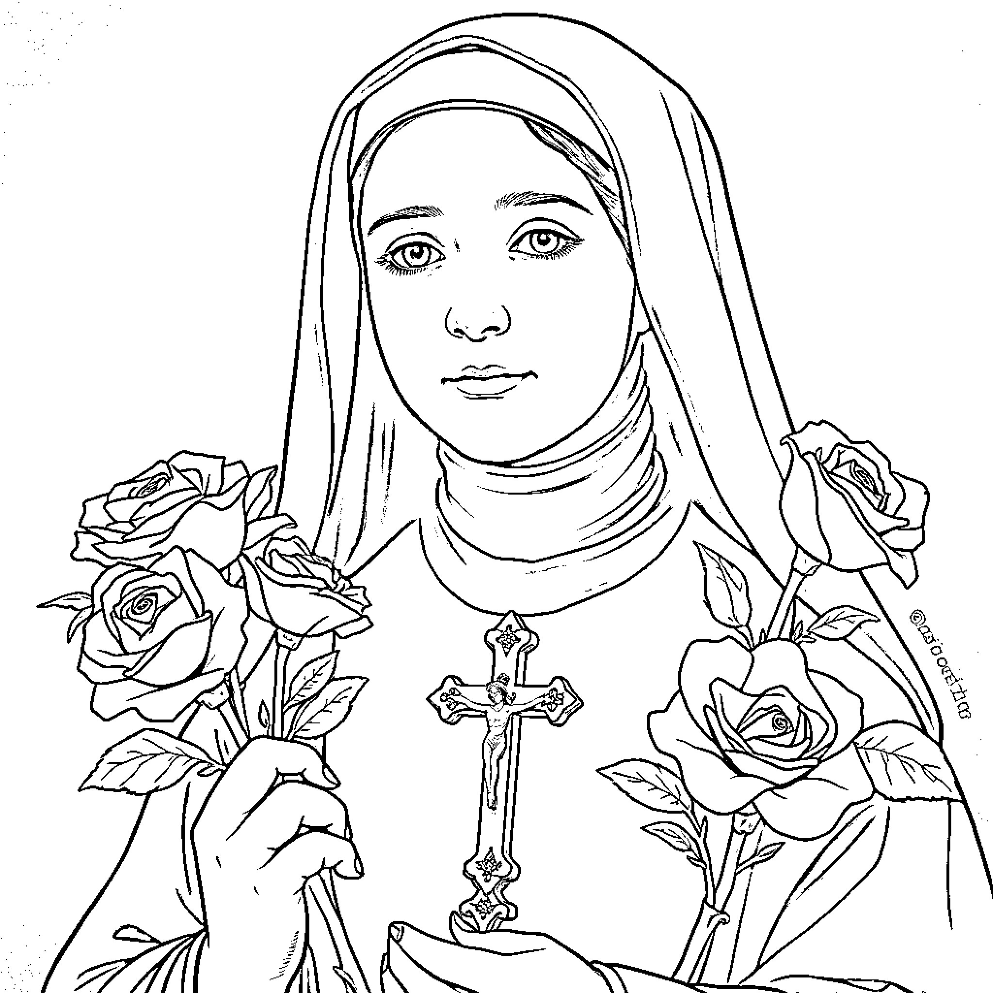 Saint Therese with Roses and Cross Coloring Page (free black-and-white line drawing printable PDF for all, from beginners to advanced learners, including children, teens, adults, and seniors)