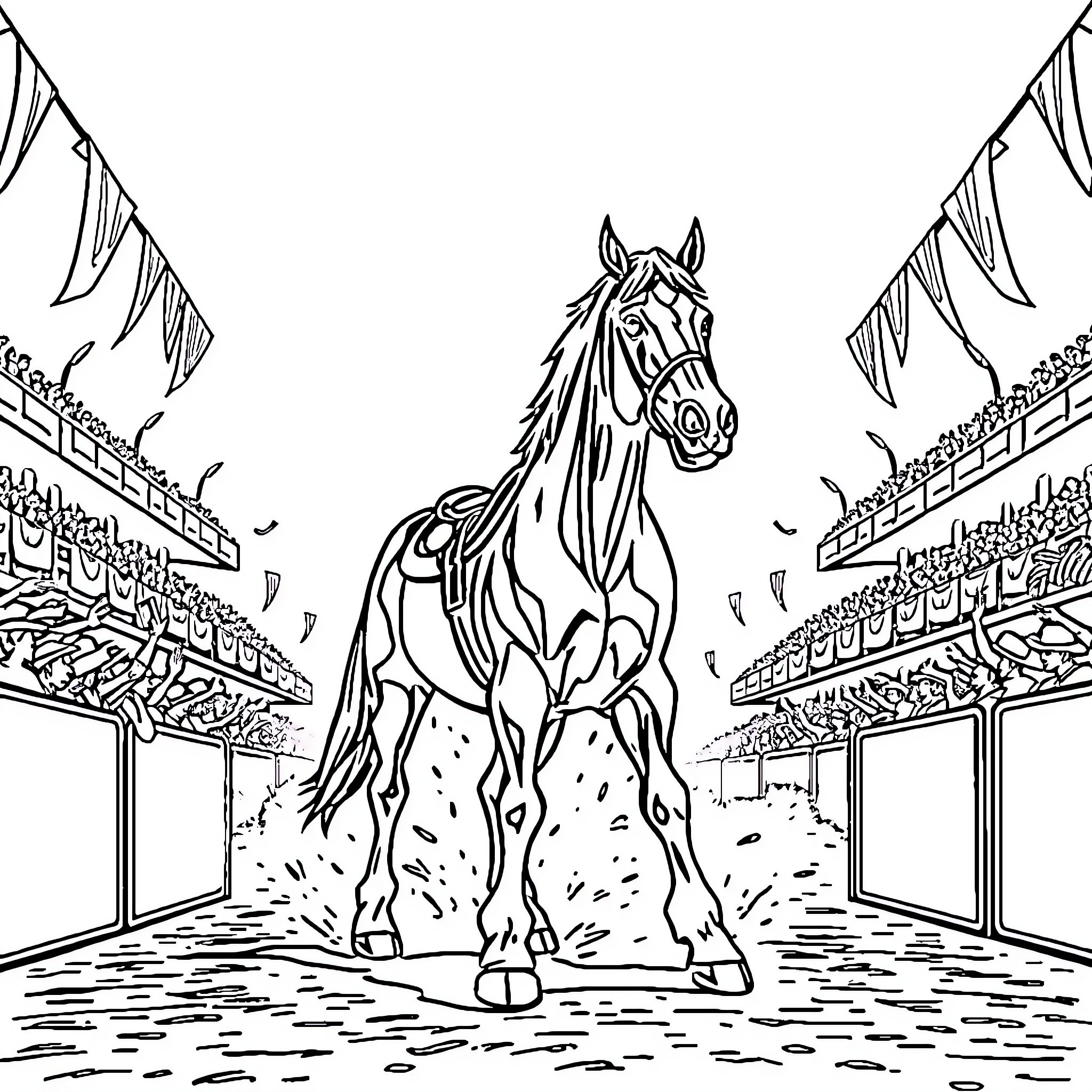 Clydesdale horse racing in the stadium Coloring Page (free black-and-white line drawing printable PDF for all, from beginners to advanced learners, including children, teens, adults, and seniors)
