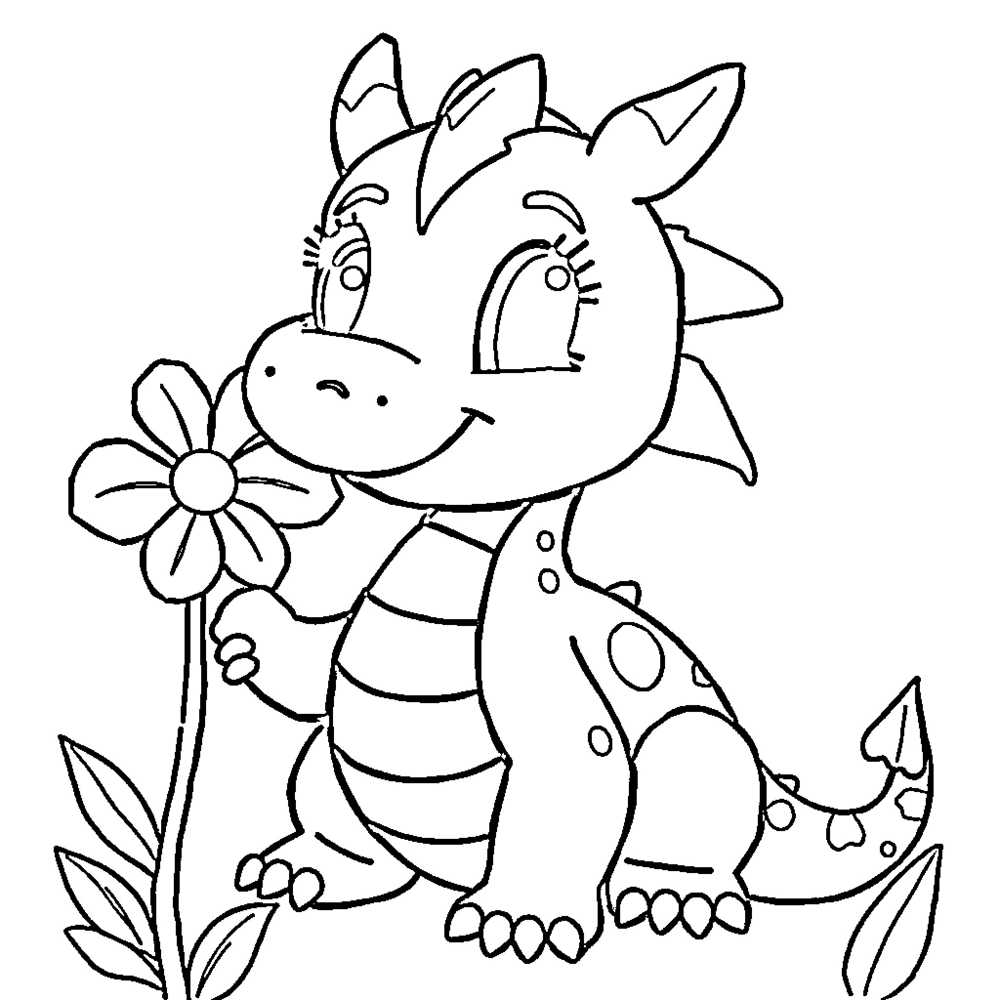Dragon happily playing with flower in nature Coloring Page (free black-and-white line drawing printable PDF for all, from beginners to advanced learners, including children, teens, adults, and seniors)