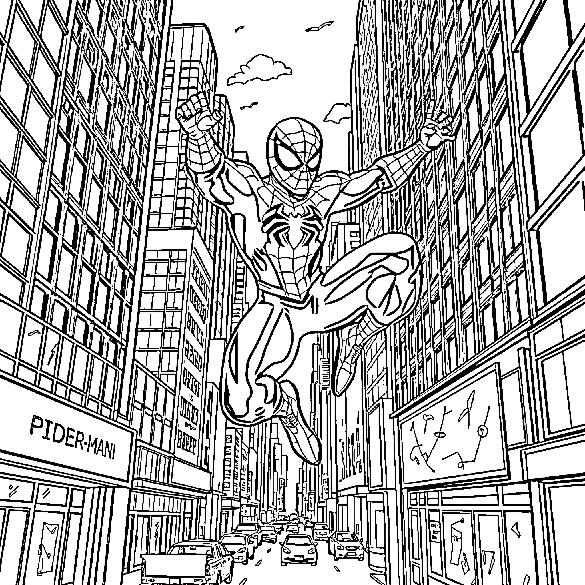 Spiderman swinging through the city skyline Coloring Page (free black-and-white line drawing printable PDF for all, from beginners to advanced learners, including children, teens, adults, and seniors)