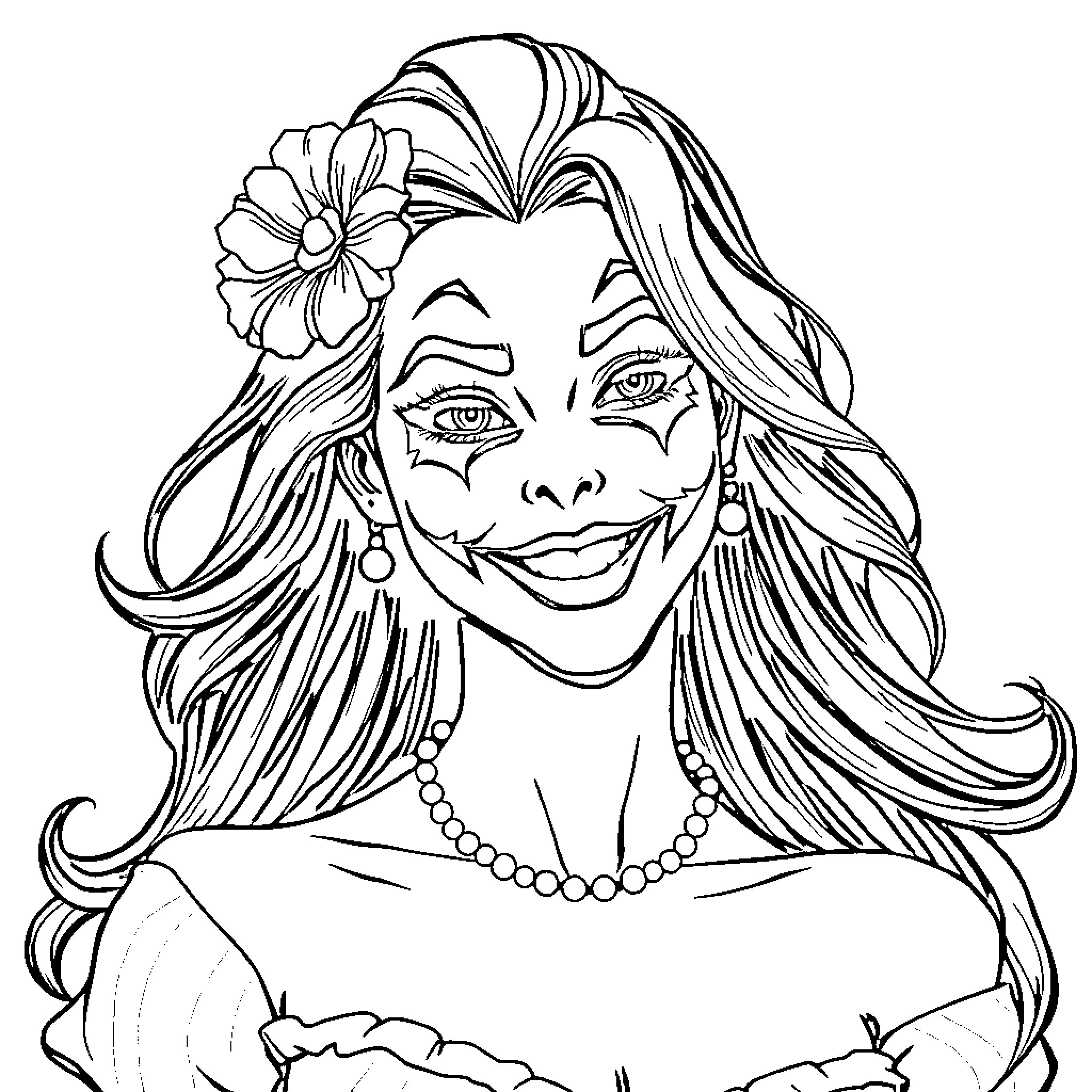 Lady with Flower in Hair Smiling Joyfully Coloring Page (free black-and-white line drawing printable PDF for all, from beginners to advanced learners, including children, teens, adults, and seniors)