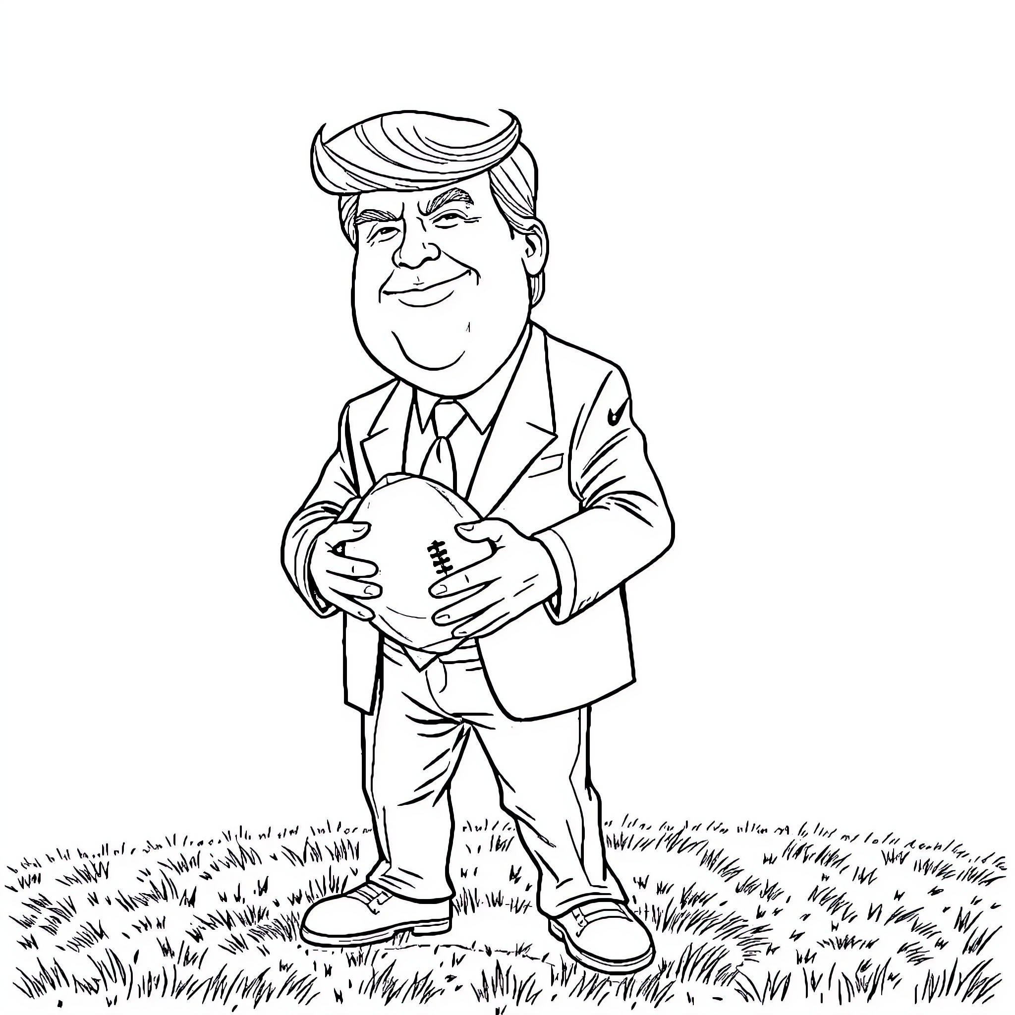 Donald Trump playing with a toy ball on the grass Coloring Page (free black-and-white line drawing printable PDF for all, from beginners to advanced learners, including children, teens, adults, and seniors)
