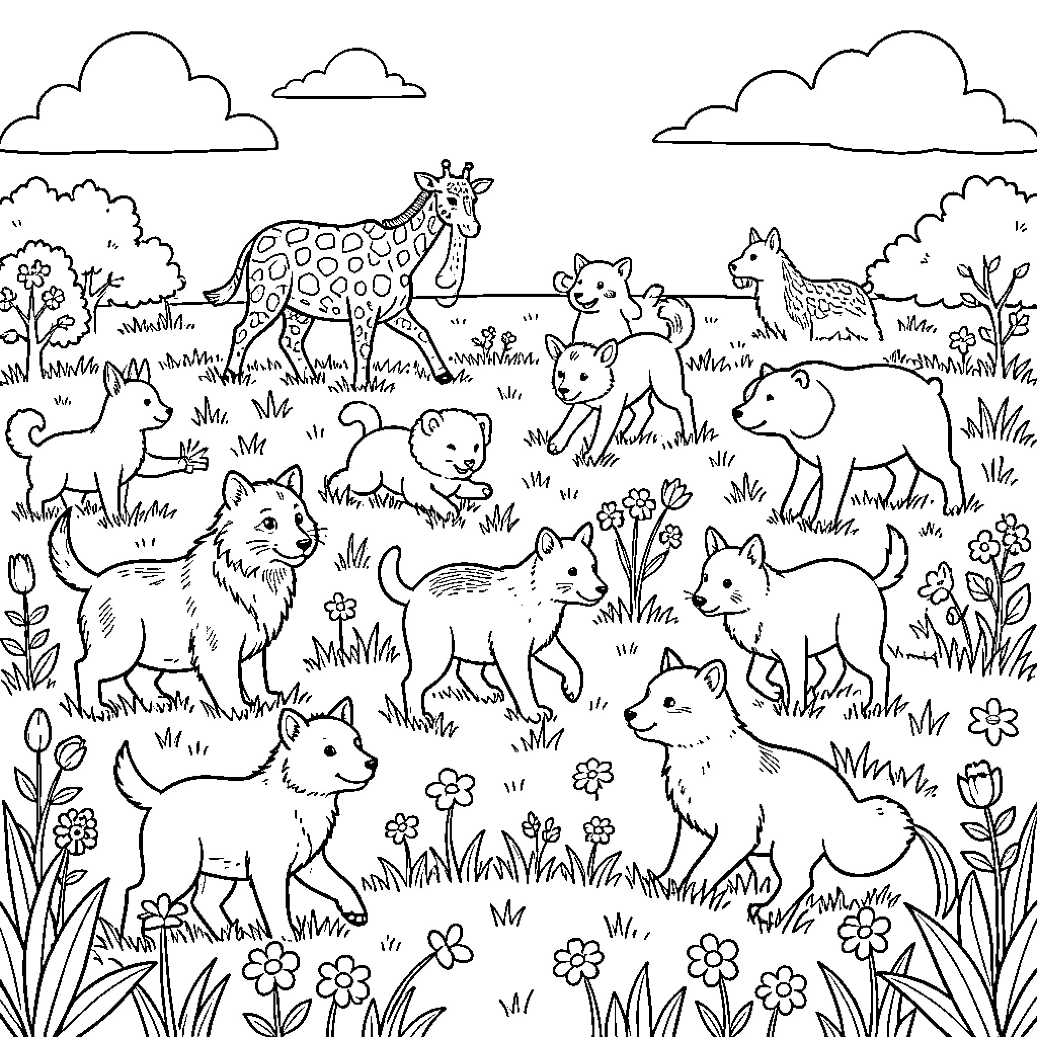 Animal Wildlife Scene with Different Animals Coloring Page (free black-and-white line drawing printable PDF for all, from beginners to advanced learners, including children, teens, adults, and seniors)