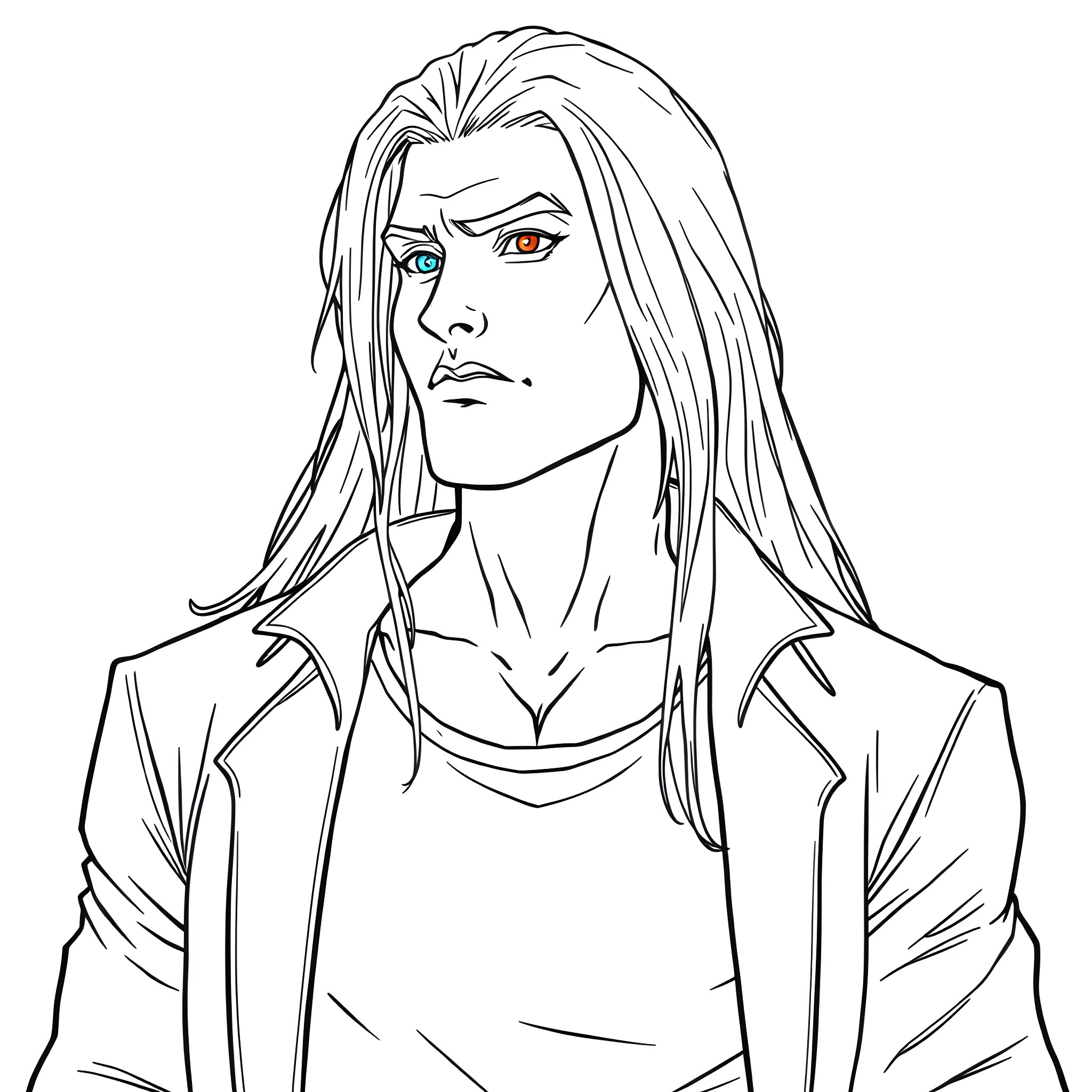Man with intense expression and long hair Coloring Page (free black-and-white line drawing printable PDF for all, from beginners to advanced learners, including children, teens, adults, and seniors)