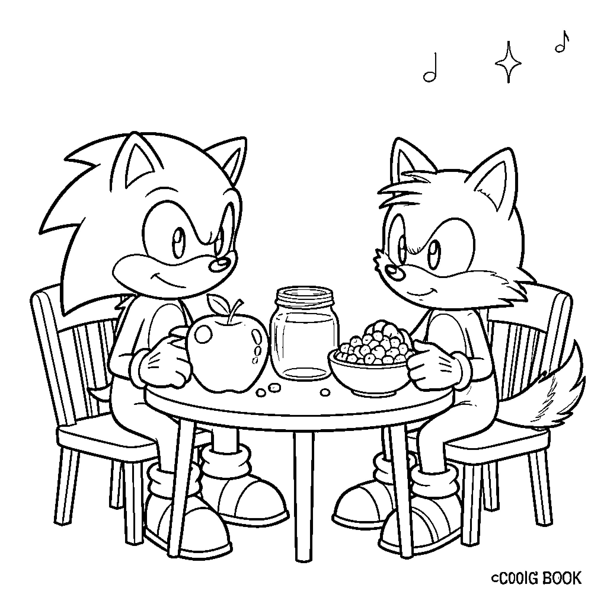 Sonic and Tails eating snacks at a table Coloring Page (free black-and-white line drawing printable PDF for all, from beginners to advanced learners, including children, teens, adults, and seniors)