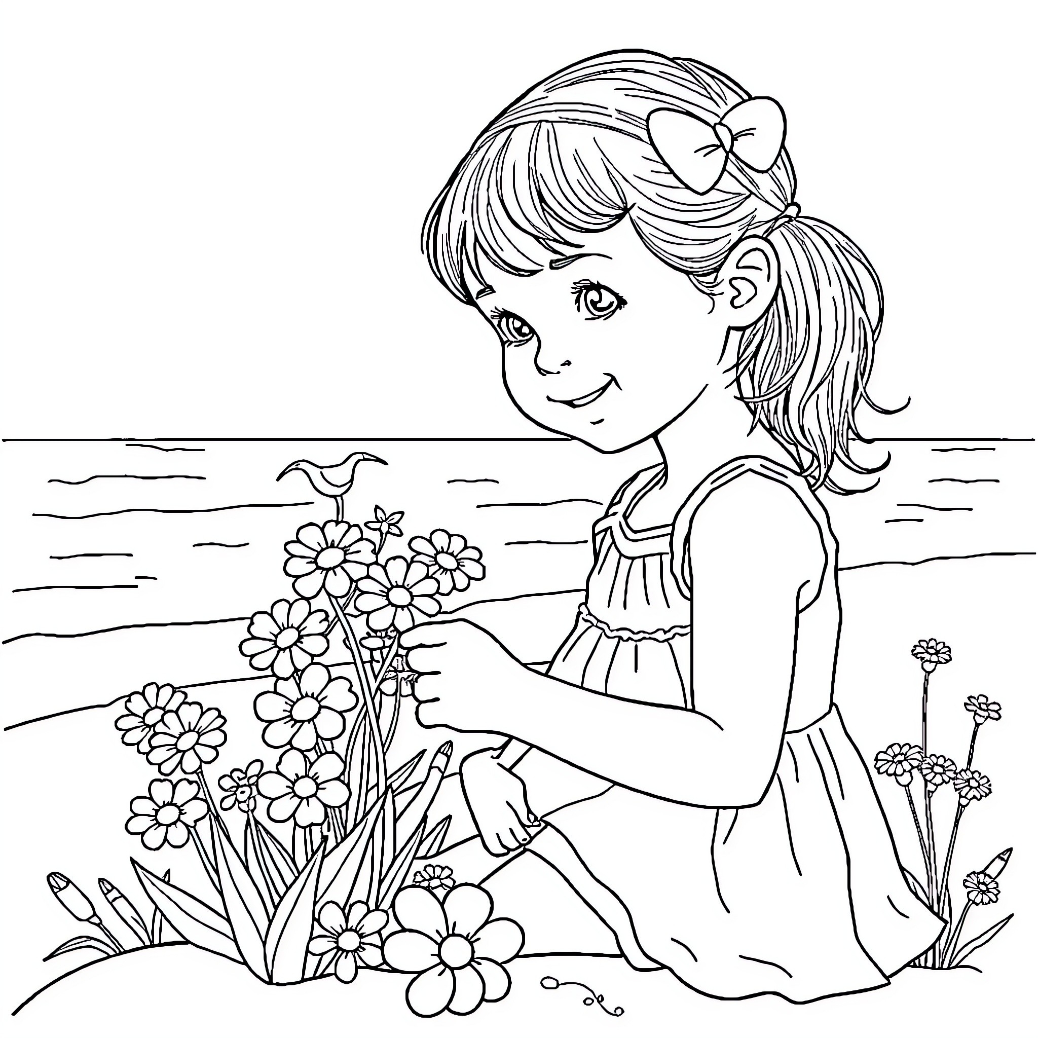 Daughter picking beautiful flowers in the garden Coloring Page (free black-and-white line drawing printable PDF for all, from beginners to advanced learners, including children, teens, adults, and seniors)