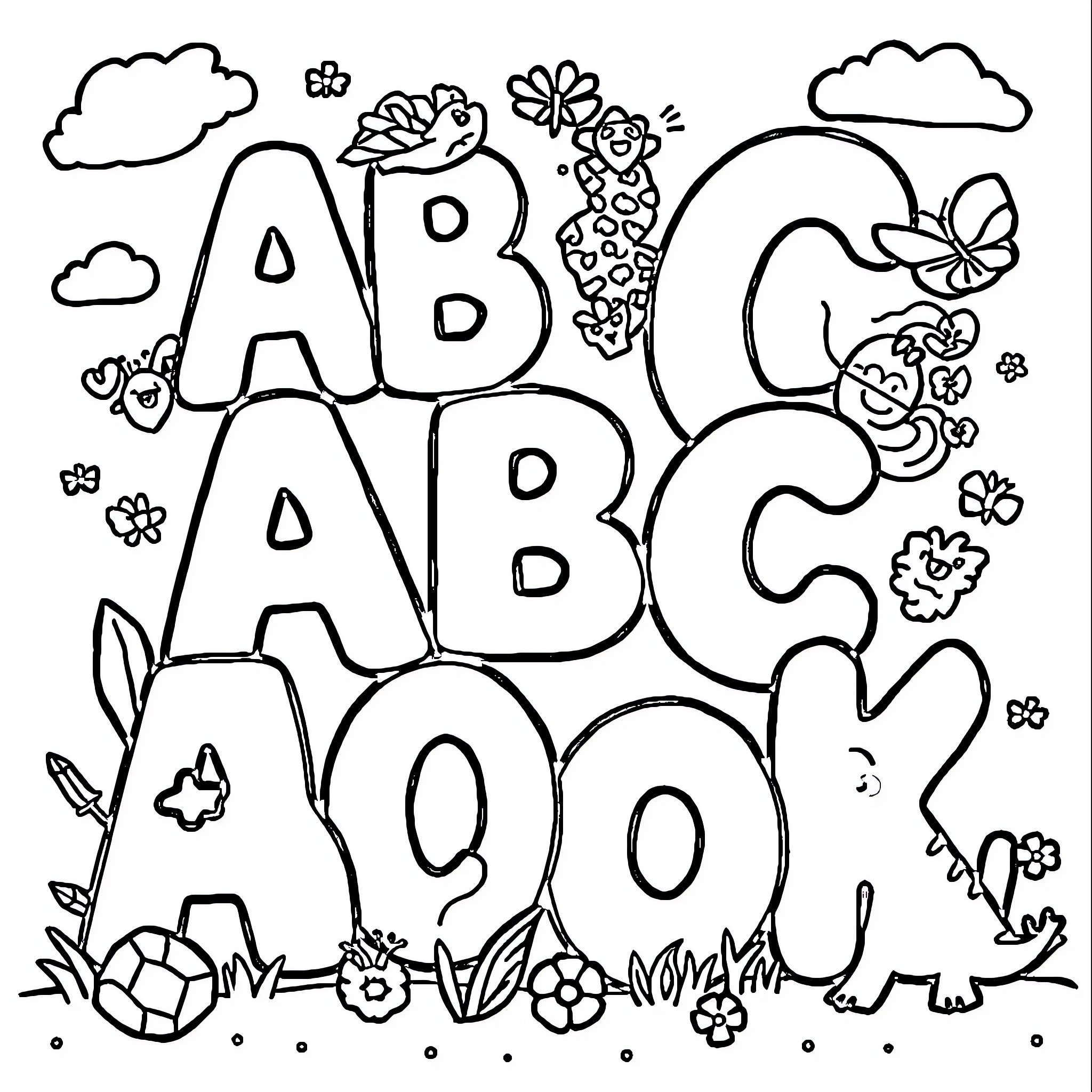 ABC: Playful Shapes and Flowers Coloring Page (free black-and-white line drawing printable PDF for all, from beginners to advanced learners, including children, teens, adults, and seniors)
