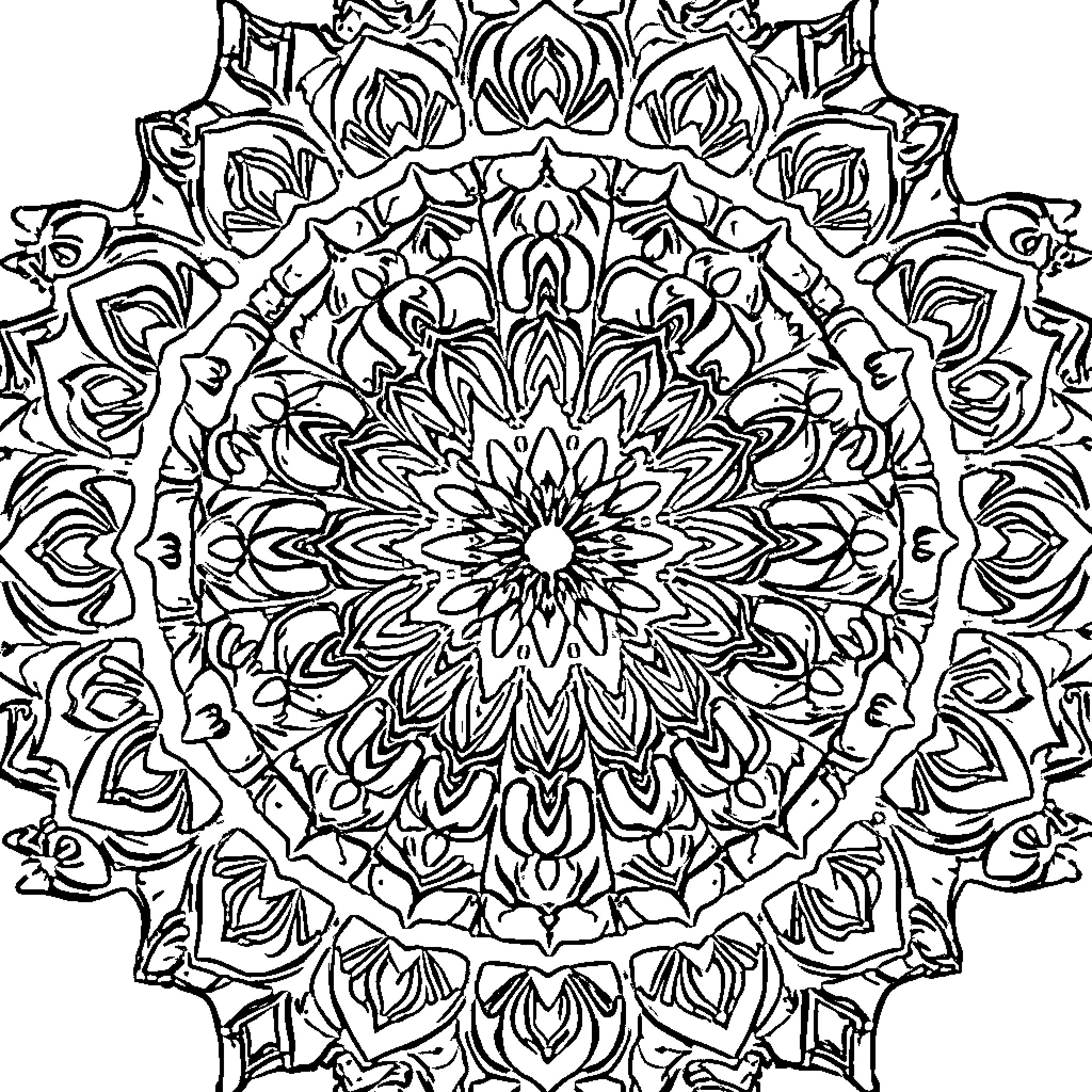 Mandala of intricate floral patterns Coloring Page (free black-and-white line drawing printable PDF for all, from beginners to advanced learners, including children, teens, adults, and seniors)