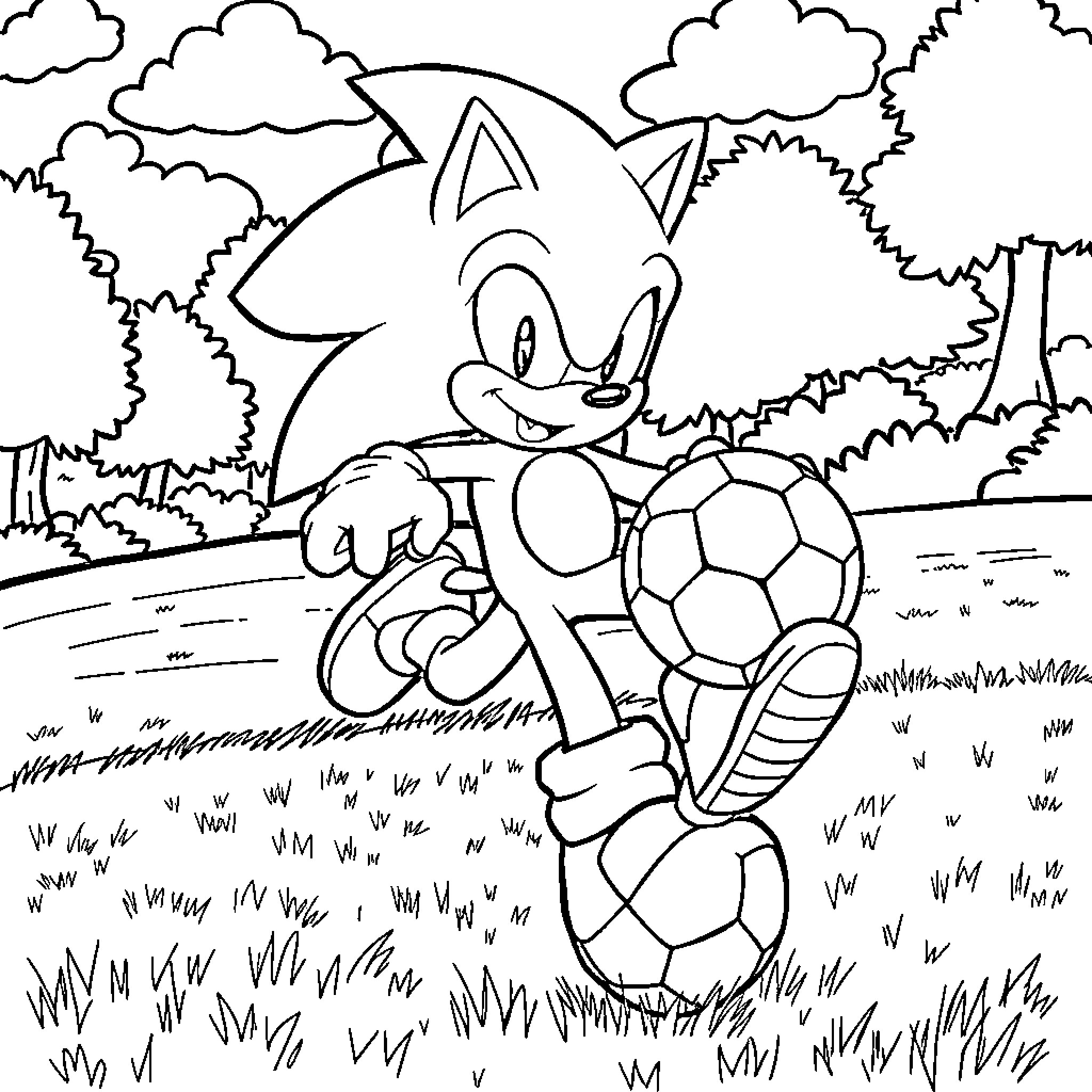 Sonic enjoying a soccer game in the park Coloring Page (free black-and-white line drawing printable PDF for all, from beginners to advanced learners, including children, teens, adults, and seniors)