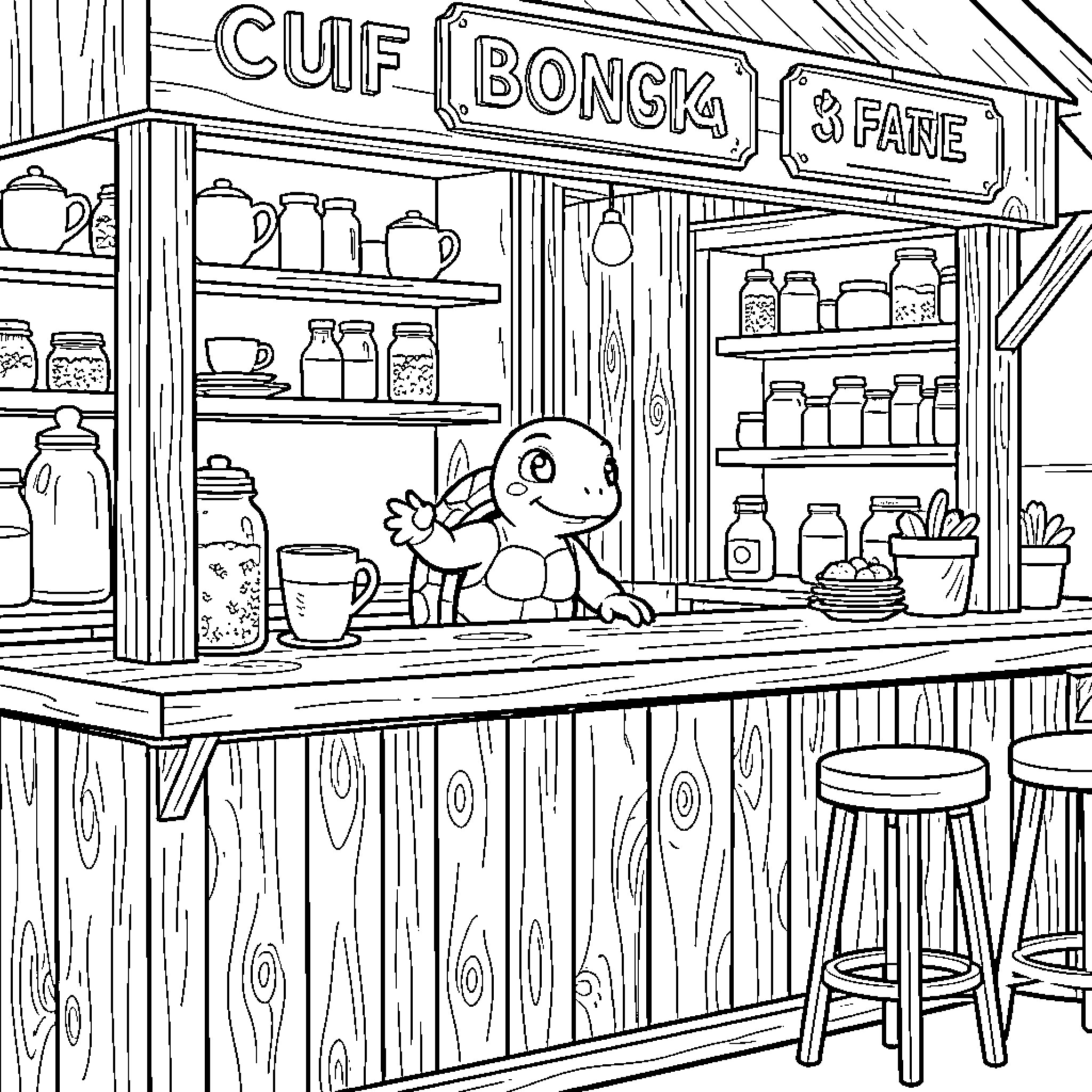 Tortuga's Cozy Cafe: A Friendly Storefront Scene Coloring Page (free black-and-white line drawing printable PDF for all, from beginners to advanced learners, including children, teens, adults, and seniors)