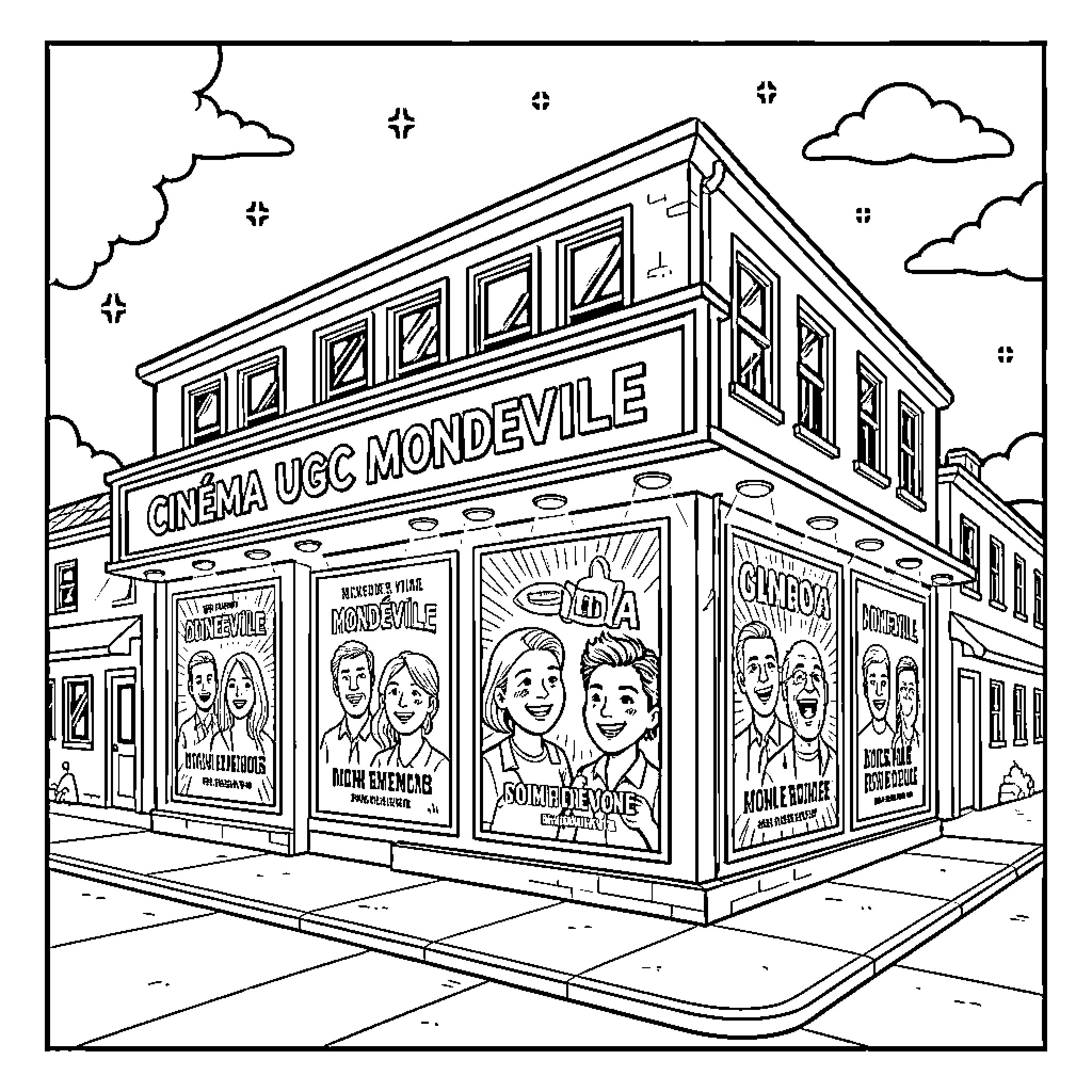 Cinema with movie posters and crowds outside Coloring Page (free black-and-white line drawing printable PDF for all, from beginners to advanced learners, including children, teens, adults, and seniors)