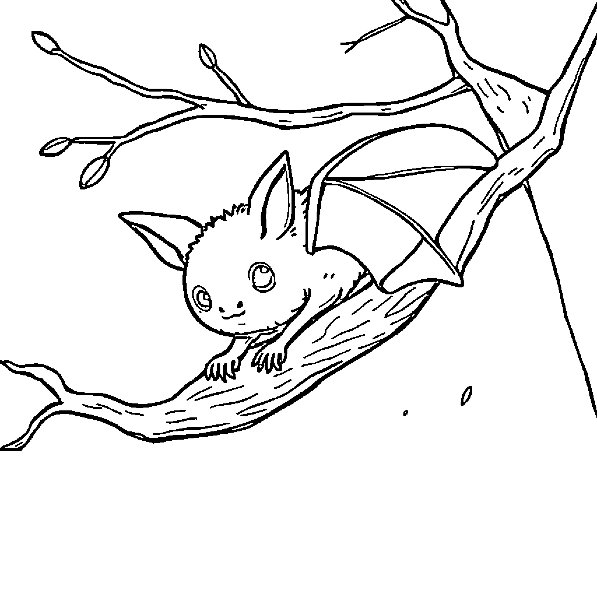 Bat resting on a tree branch Coloring Page (free black-and-white line drawing printable PDF for all, from beginners to advanced learners, including children, teens, adults, and seniors)