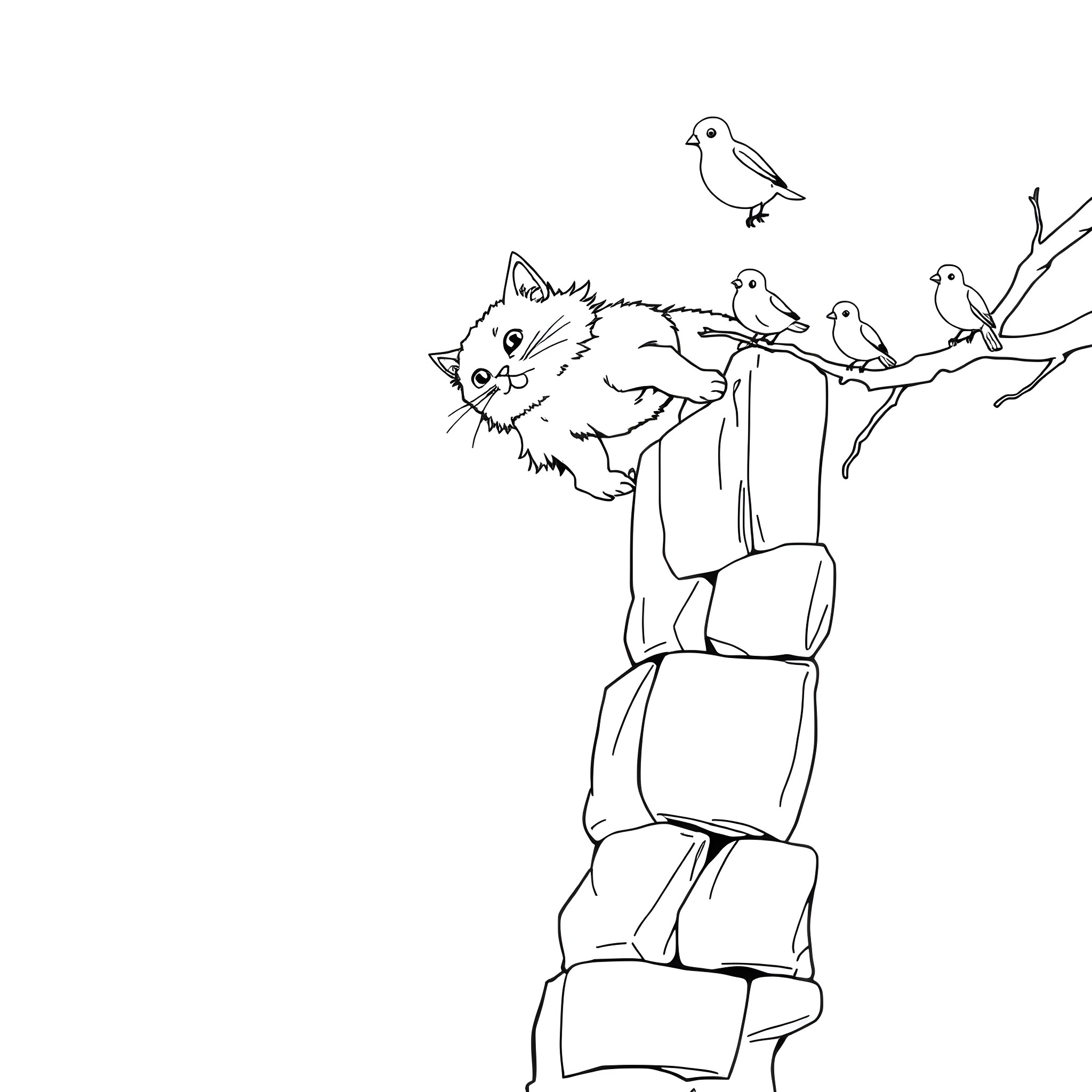 Como a curious cat interacts with small birds Coloring Page (free black-and-white line drawing printable PDF for all, from beginners to advanced learners, including children, teens, adults, and seniors)