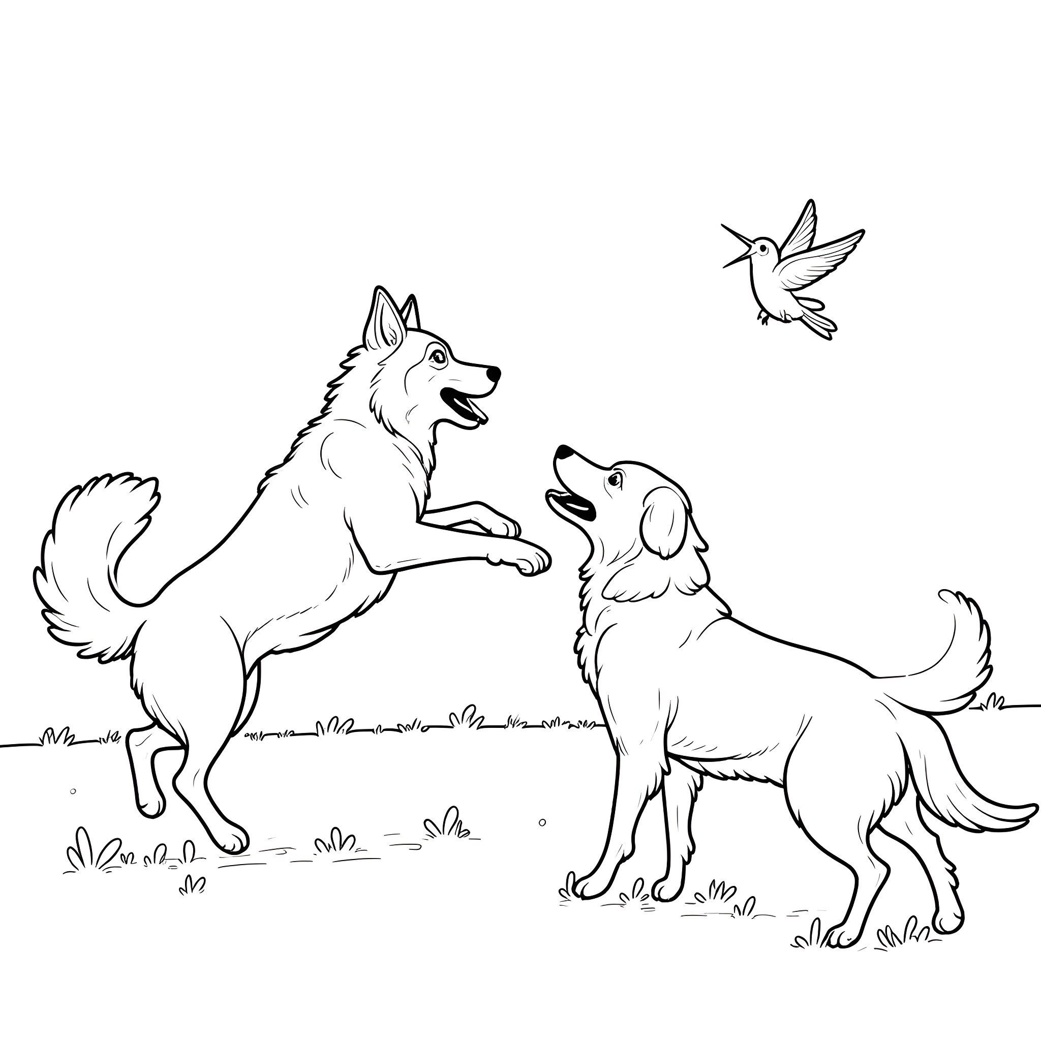 Husky dogs playing with hummingbird in field Coloring Page (free black-and-white line drawing printable PDF for all, from beginners to advanced learners, including children, teens, adults, and seniors)