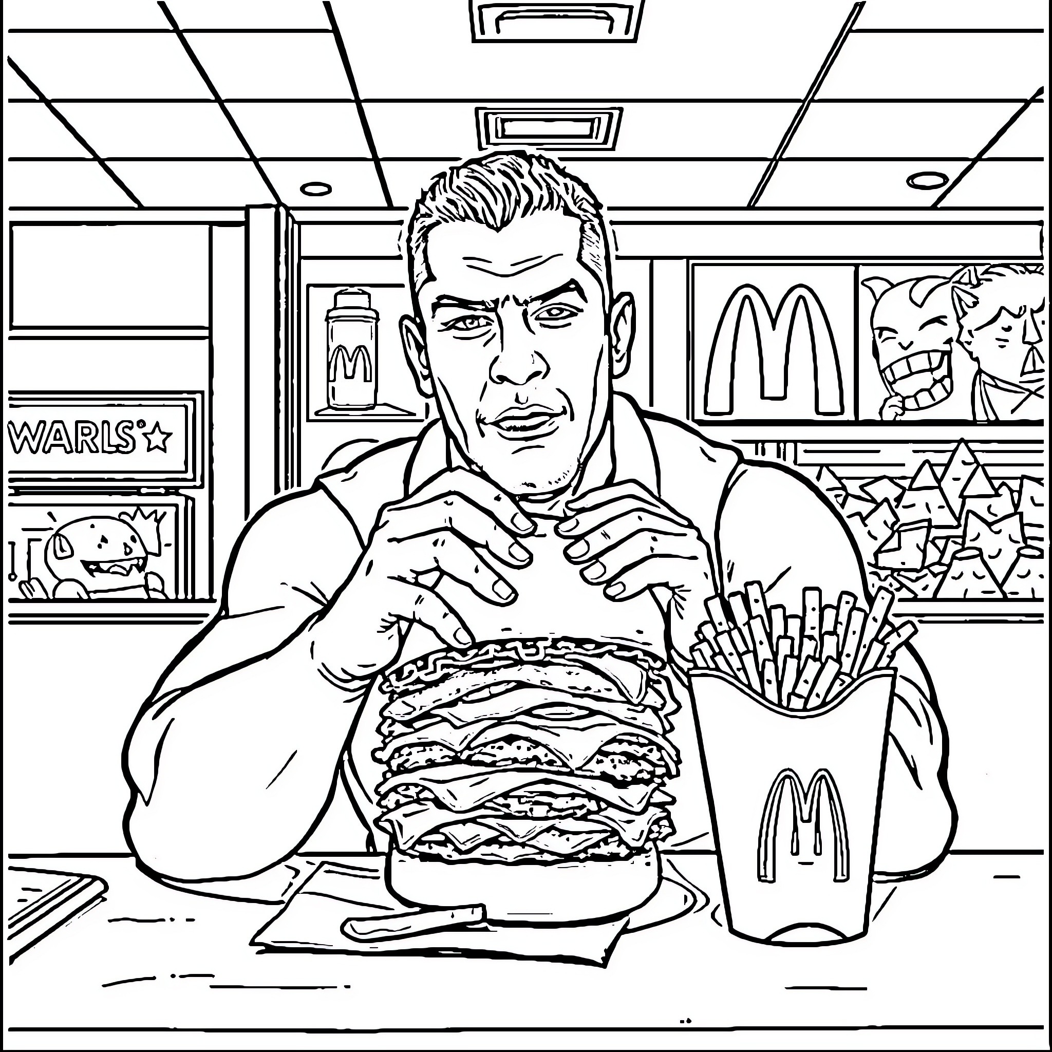 John Cena Enjoying a Hearty Meal at the Fast Food Restaurant Coloring Page (free black-and-white line drawing printable PDF for all, from beginners to advanced learners, including children, teens, adults, and seniors)