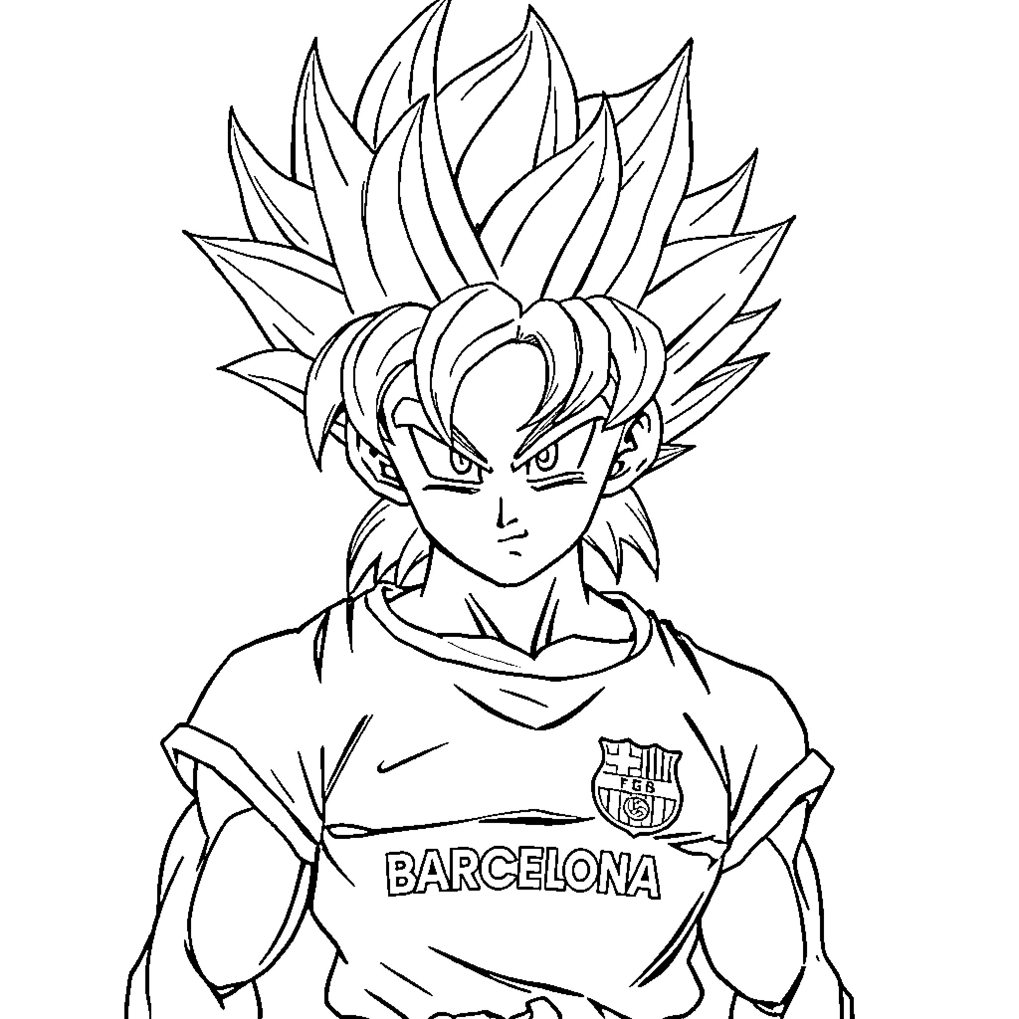 Son Goku in Barcelona Football Club Jersey Coloring Page (free black-and-white line drawing printable PDF for all, from beginners to advanced learners, including children, teens, adults, and seniors)