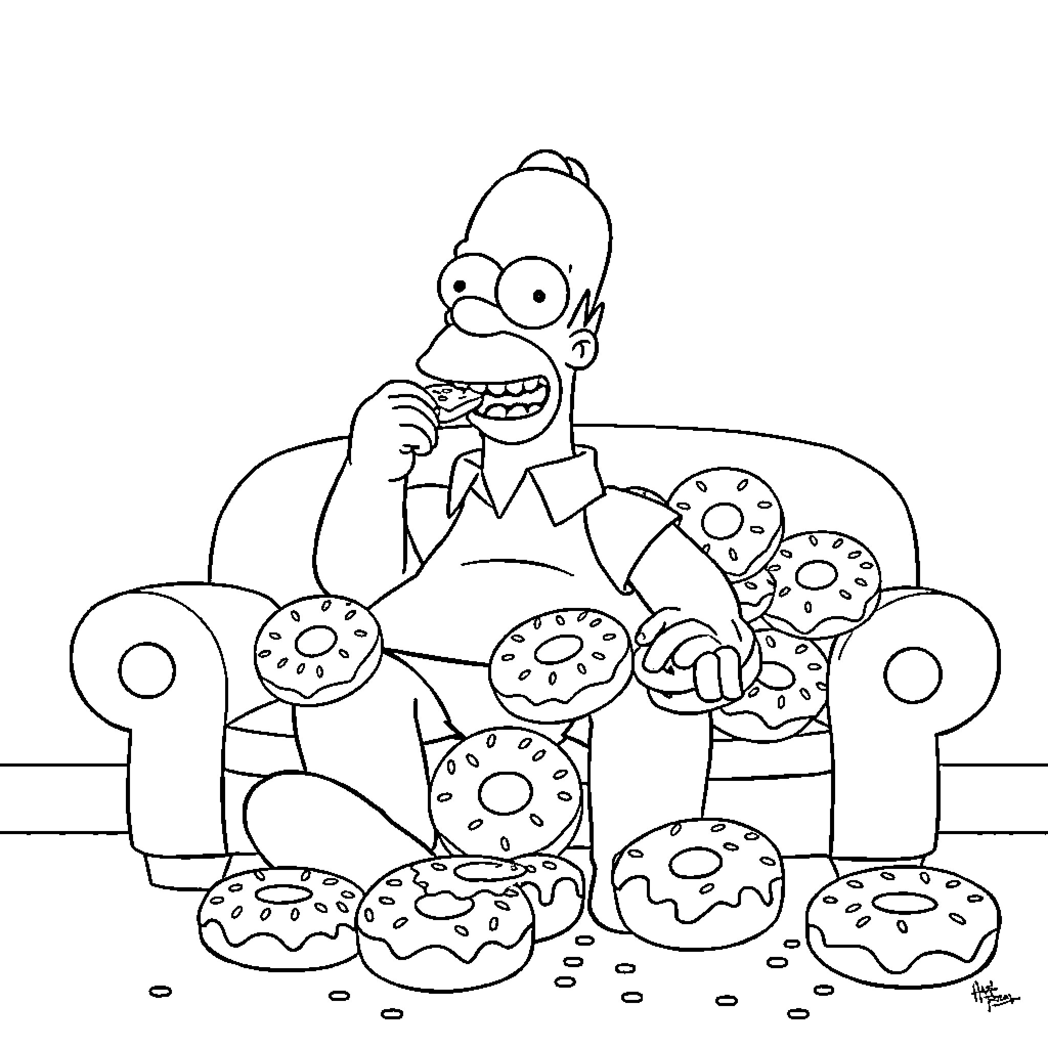 Homer Simpson enjoying a pile of donuts Coloring Page (free black-and-white line drawing printable PDF for all, from beginners to advanced learners, including children, teens, adults, and seniors)