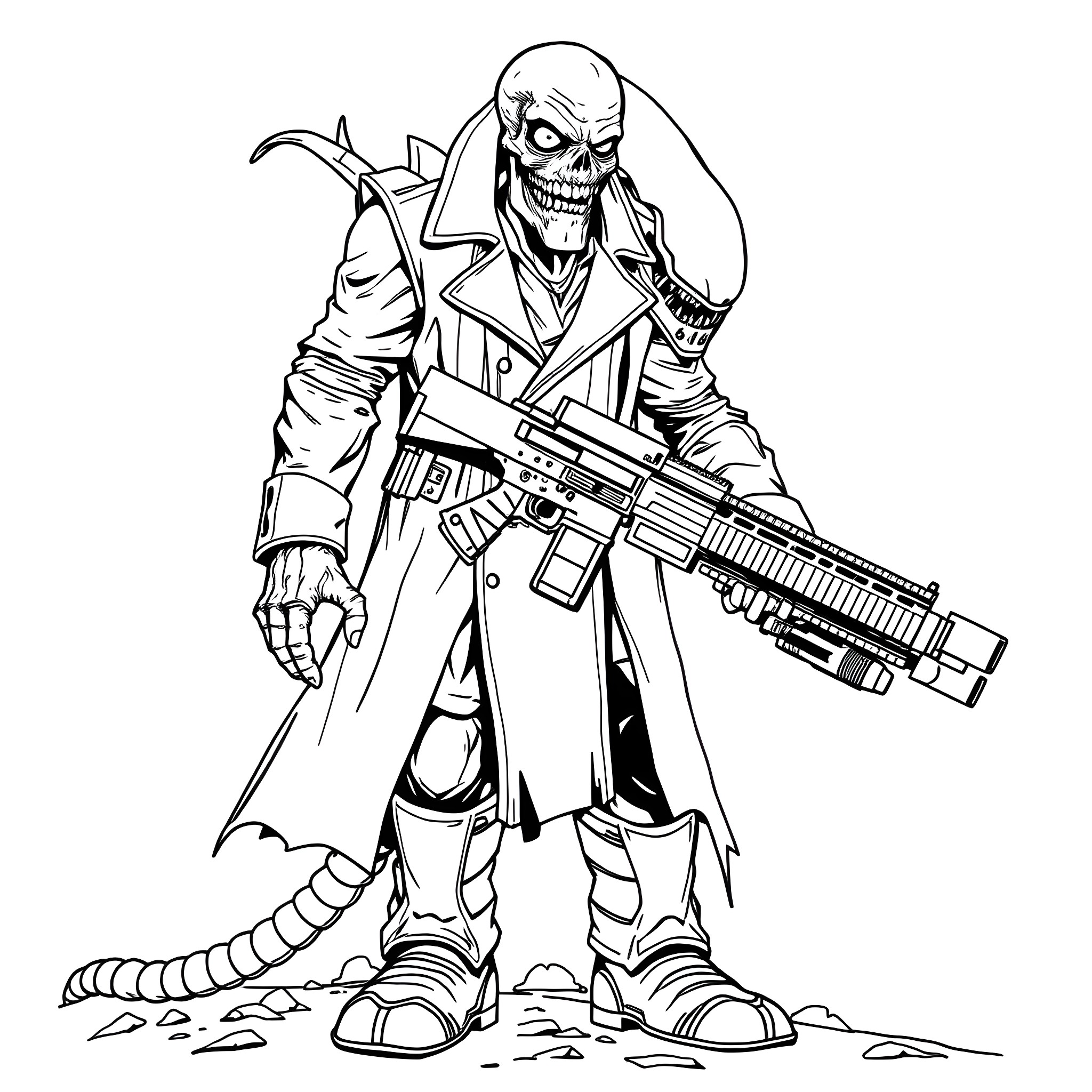 Zombie Warrior Wielding a Powerful Firearm Coloring Page (free black-and-white line drawing printable PDF for all, from beginners to advanced learners, including children, teens, adults, and seniors)