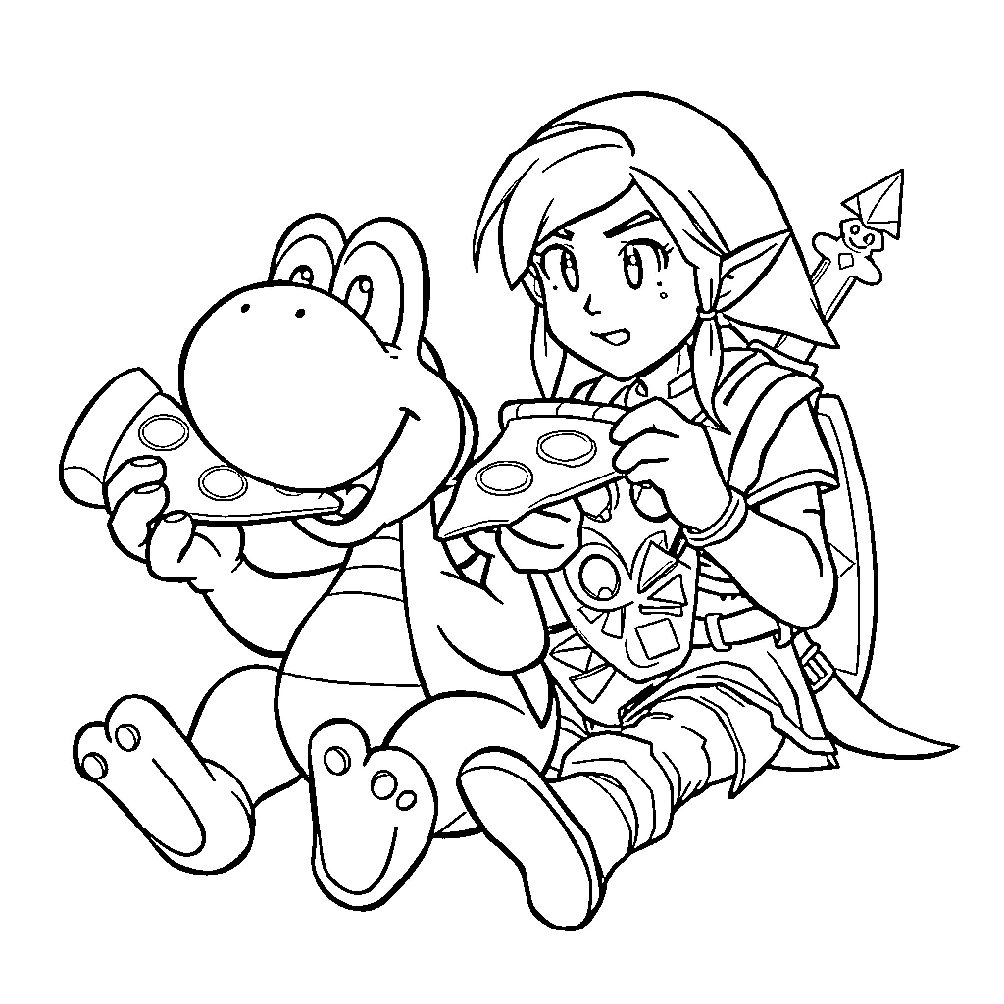 Yoshi and Young Link Adventuring Together Coloring Page (free black-and-white line drawing printable PDF for all, from beginners to advanced learners, including children, teens, adults, and seniors)