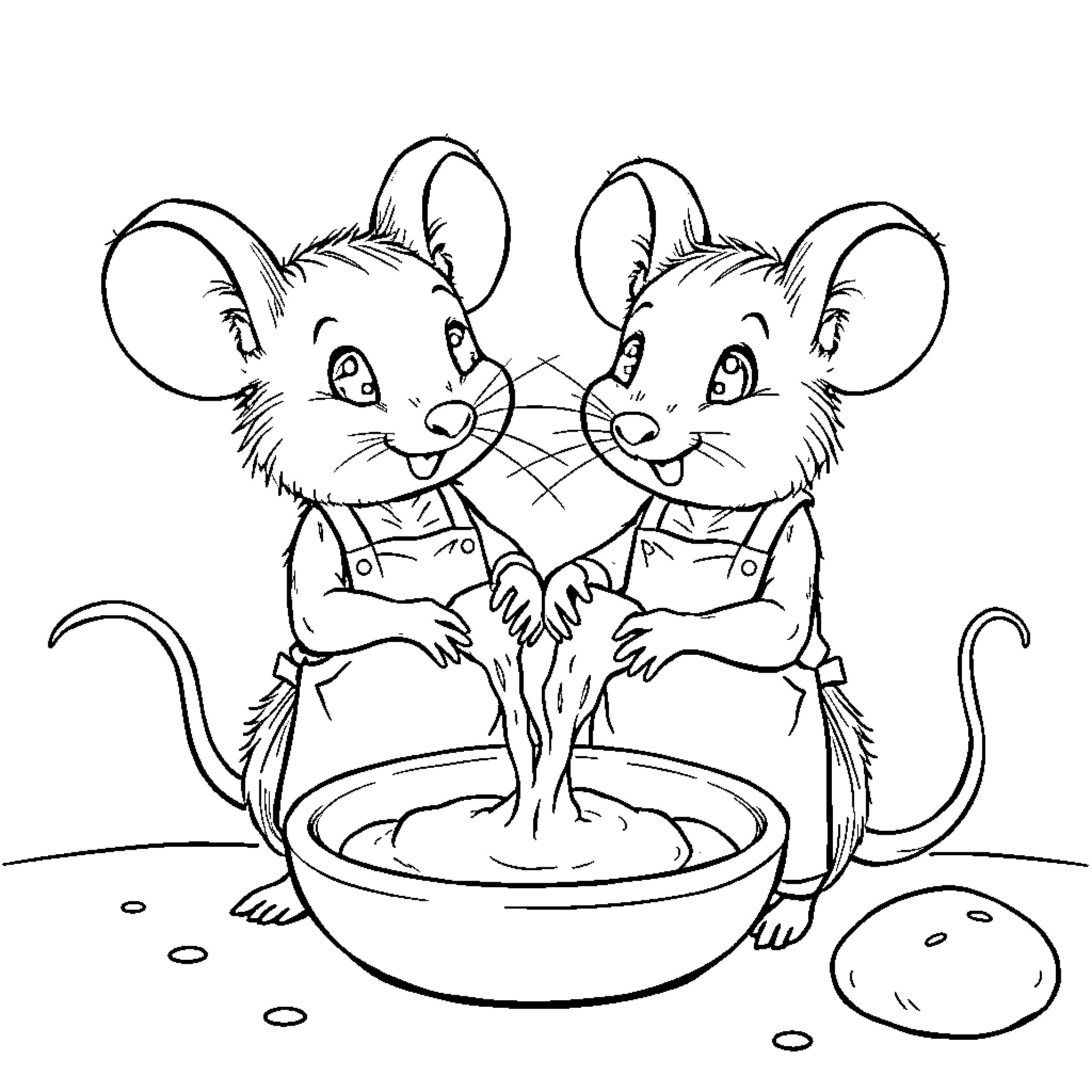 Mouse siblings sharing a bowl of water Coloring Page (free black-and-white line drawing printable PDF for all, from beginners to advanced learners, including children, teens, adults, and seniors)
