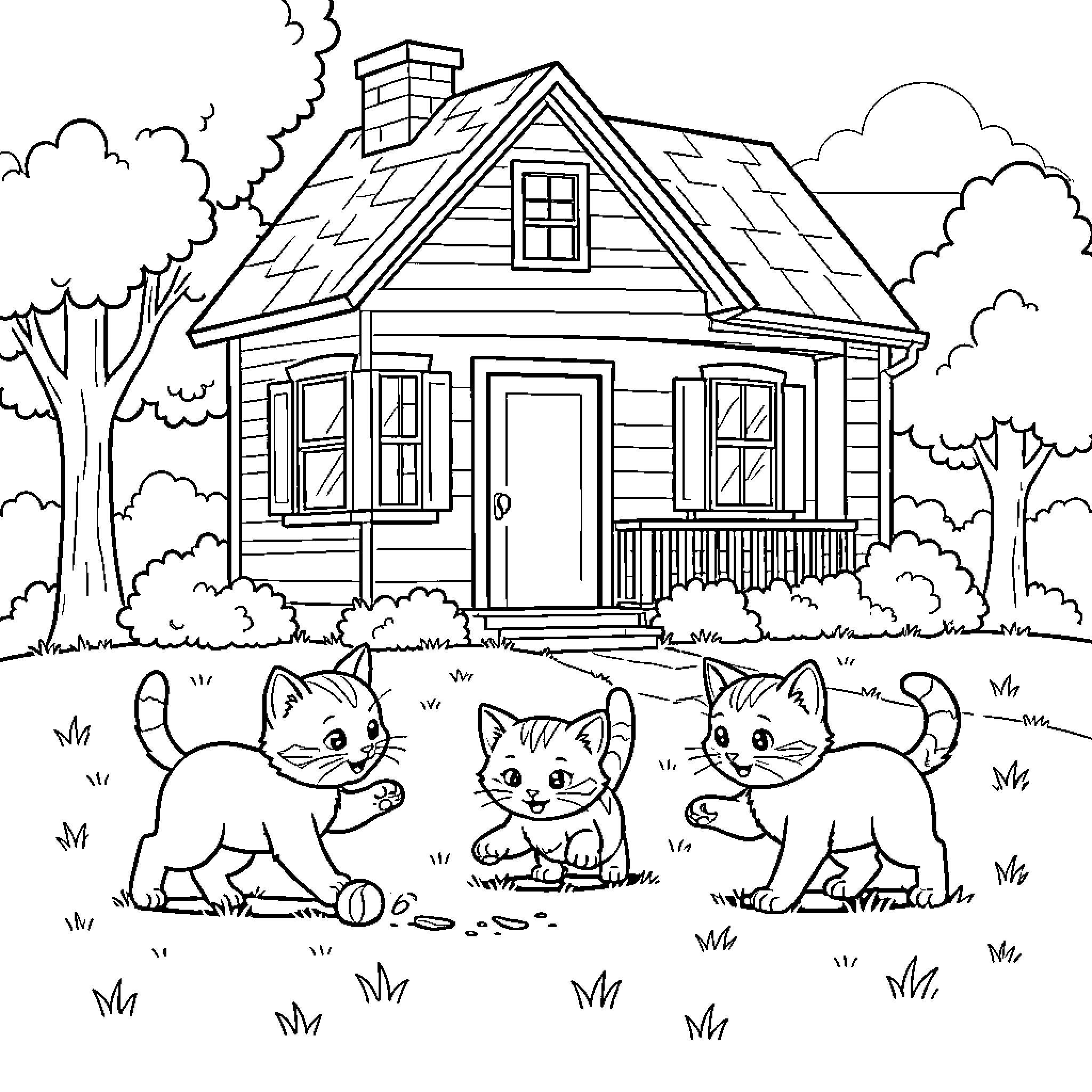 Chaton kittens playing together in a backyard Coloring Page (free black-and-white line drawing printable PDF for all, from beginners to advanced learners, including children, teens, adults, and seniors)